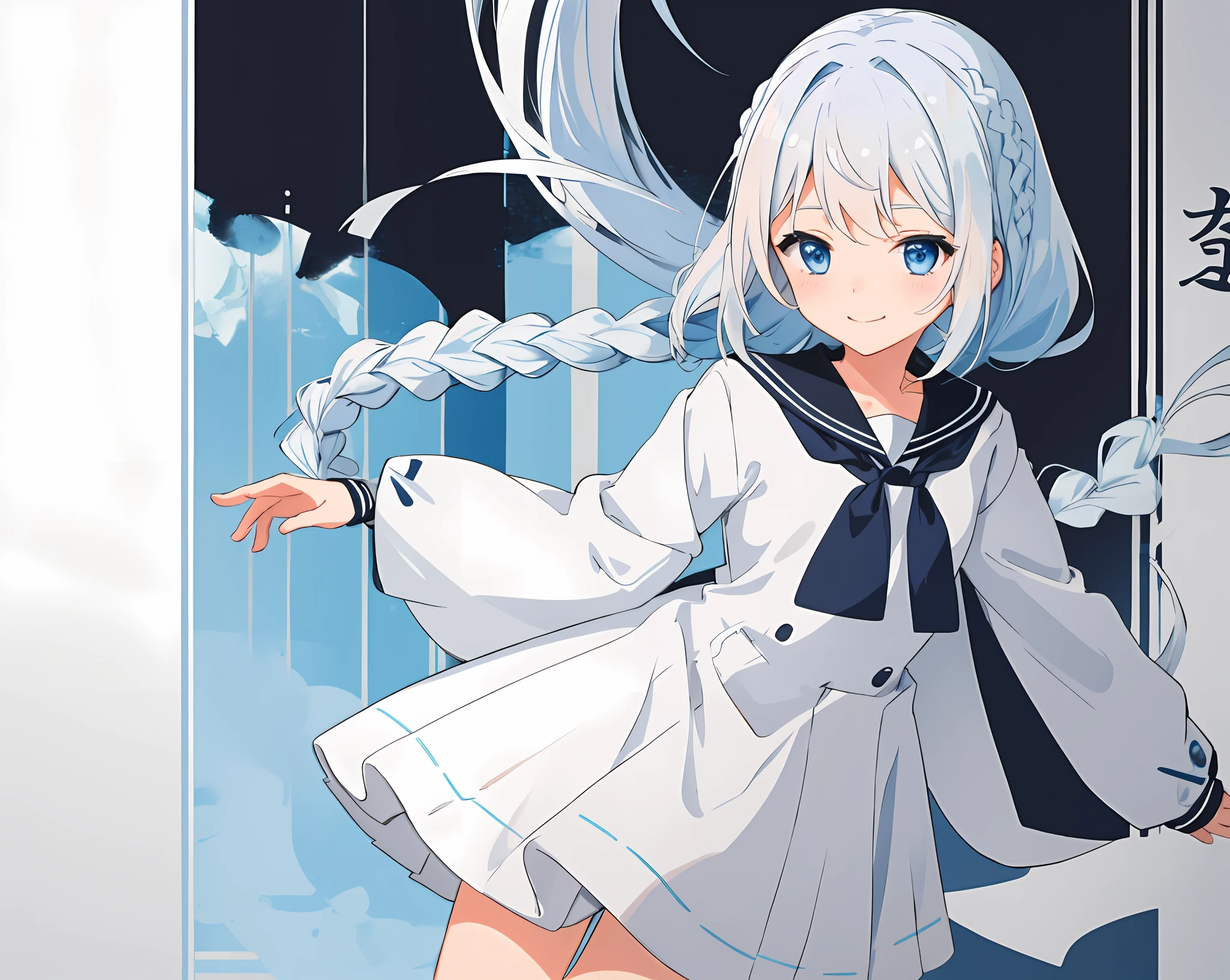 girl with、pastel blue eyes、white  hair、A smile、a sailor suit、Black sailor suit、looking at the viewers、short-hair、Braids、Blue tie