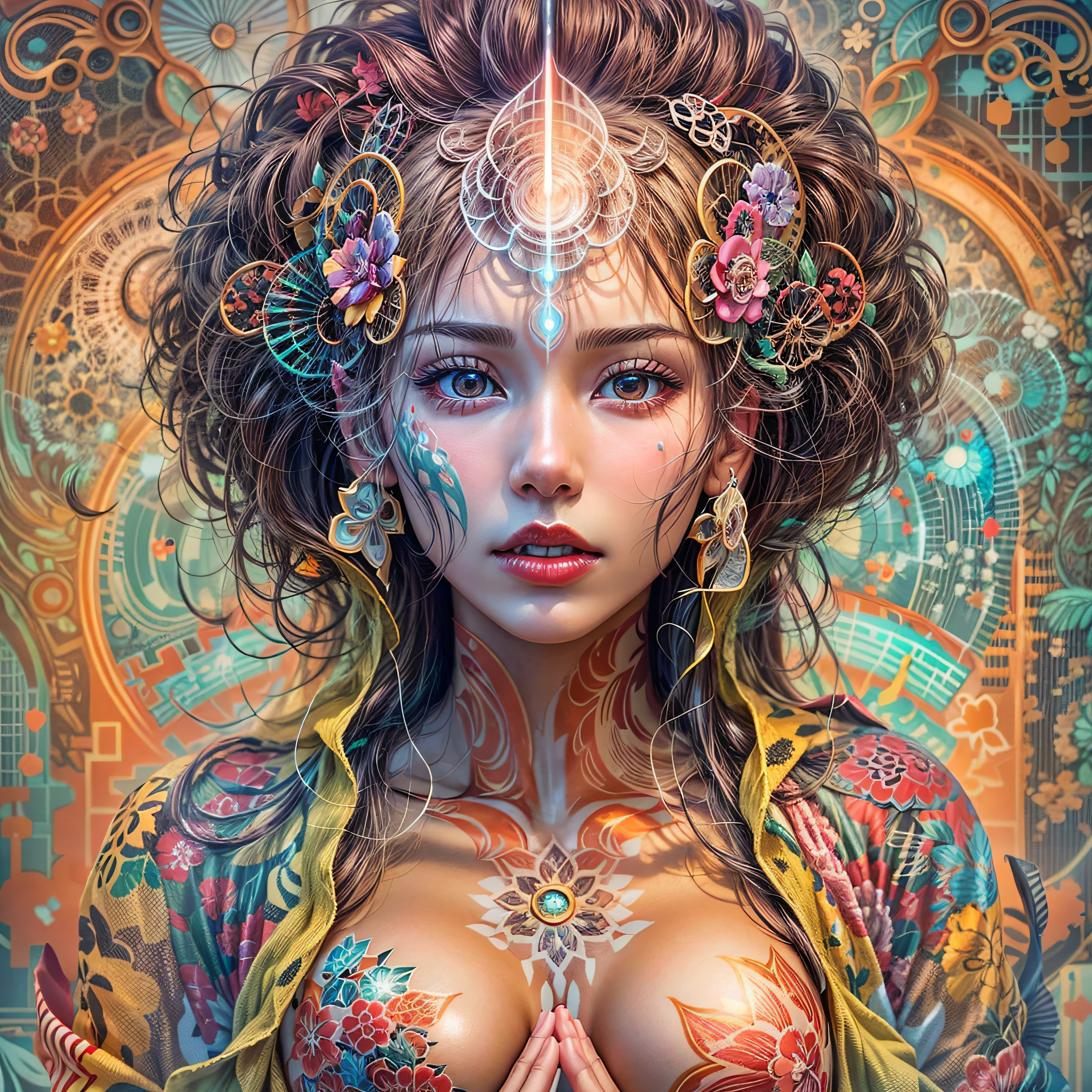 1 Beautiful Girl, Super beautiful detailed face, Beautiful big breasts, Beautiful Goddess Advent, (Naked:1.3), Body painting with a pop design drawn directly on the whole body, heart shapes, Pop Art Design, Cutting-edge fashion, Innovative, The center of attention, Special art design, pubick hair, cameltoe details, Camel to Art, Camel-to-shape, Beautiful background, Innovative futuristic space beyond imagination, Golden ratio, conceptual art, Super Detail, ccurate, high details, Anatomically correct, Outdoors, Beautiful Landscape Forest, Giant Castle, cutting edge, Sexy Art, Beautiful girl illuminated by 7 pastel lights, Pastel color design with very soft and colorful shades, Surrounded by beautiful sunsets, dazzling lights, Super delicate illustrations details, neon color,