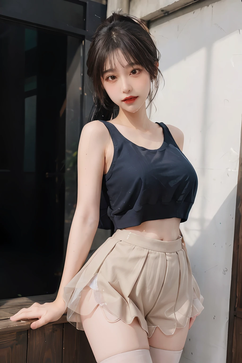 Masterpiece: 1.2, Best Quality), Realism, (Real Pictures, Rich Detail Detail, Depth of Field), (1 Girl, Solo), Makeup, High Detail, Perfect Face Shape, (: 1.4), (Skin Dents), Thick Thighs, Broad Buttocks, Thin Waist Thin, High, Coral, Red Lips, Red Eyes, Ponytail (Girls, Shallow Tulle, Tulle Transparent), (Sweat: 1.2), (Wet), Sexy, Blush, (Shy Expression), Tank Top, Suspenders, Belly Pocket, Shorts, Yoga Pants, Tight Short Skirt, Tight Shorts, stockings, fishnet socks, pajamas, pleated skirts, skirts, hip skirts, flowers on clothes,