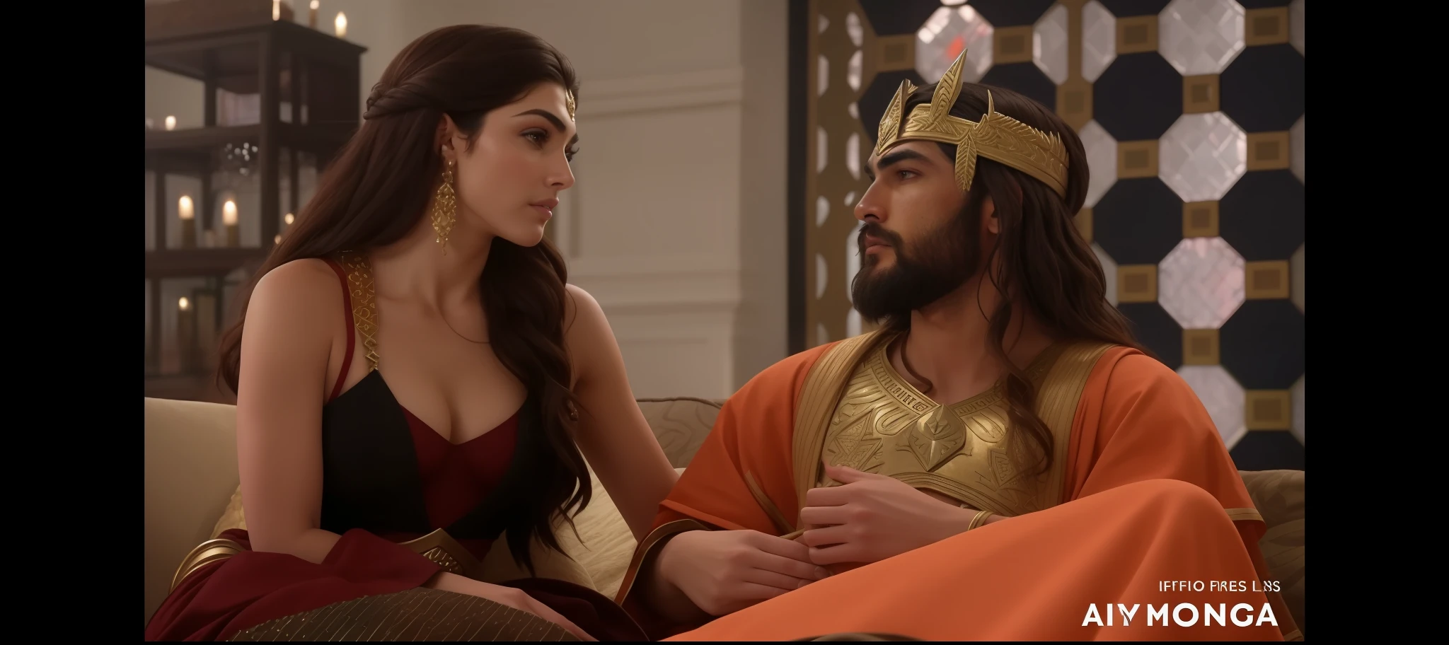 um close up de uma pessoa sentada em um sofa, jason momoa as assyrian, Maya Ali como D&d feiticeiro, Maya Ali como um D&d feiticeiro, com barba leonidas, An image of a Klingon opera, Ghutra e Egal, ainda de um filme de fantasia, Maya Ali como uma feiticeira