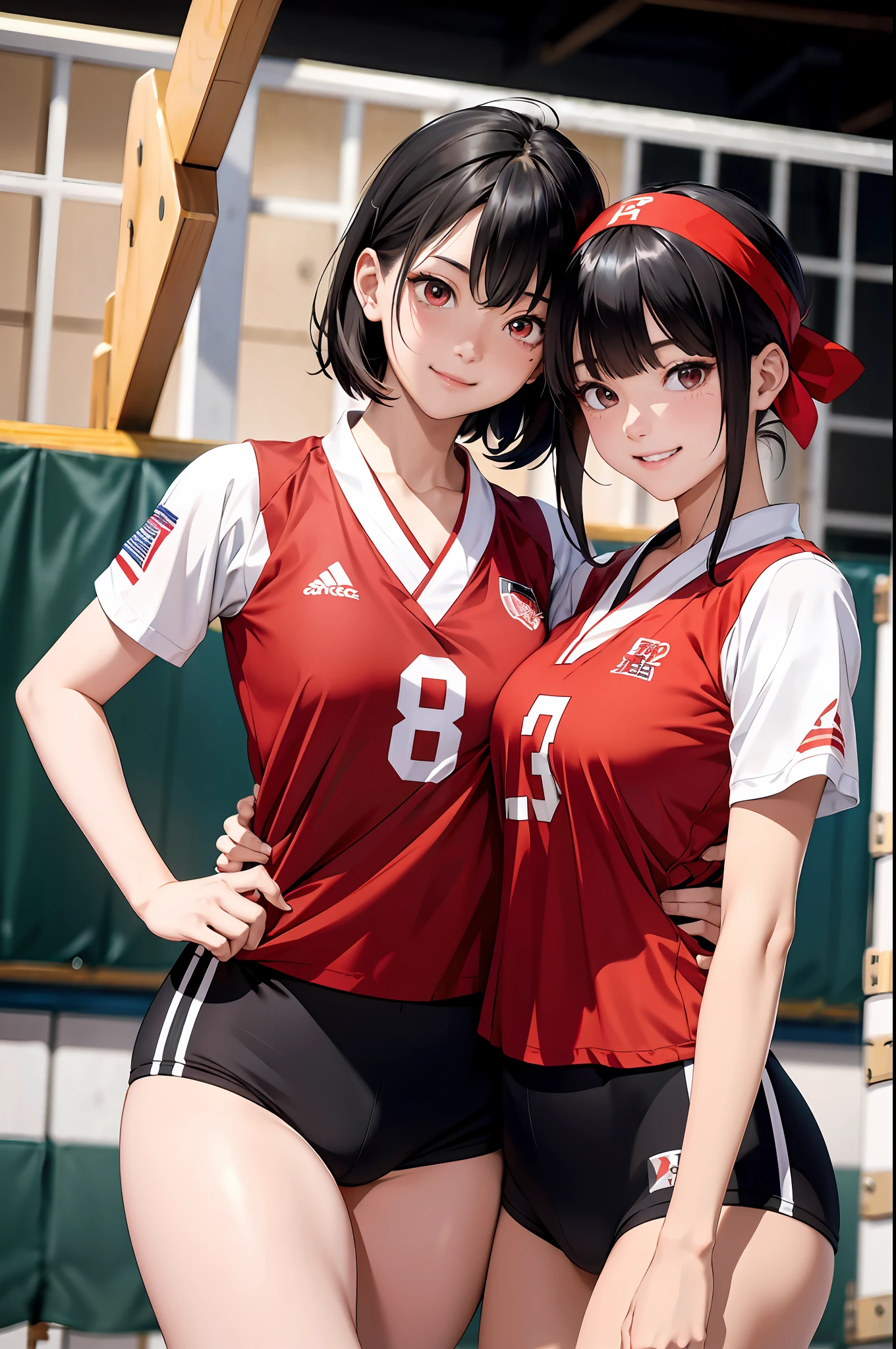 (top-quality、in 8K、32K、masterpiece、nffsw、超A high resolution、Impresionismo、Photorealsitic:1.2)、Full body, Inside the gymnasium、Volleyball Court、beauitful face、blurry backround、 beautiful girl、shinny skin、bob cuts、Beautiful black hair、Red Eyes、(Hachimaki:1.2)、Volleyball Uniforms、Curve、dynamicposes、Smile with open mouth、Two girls