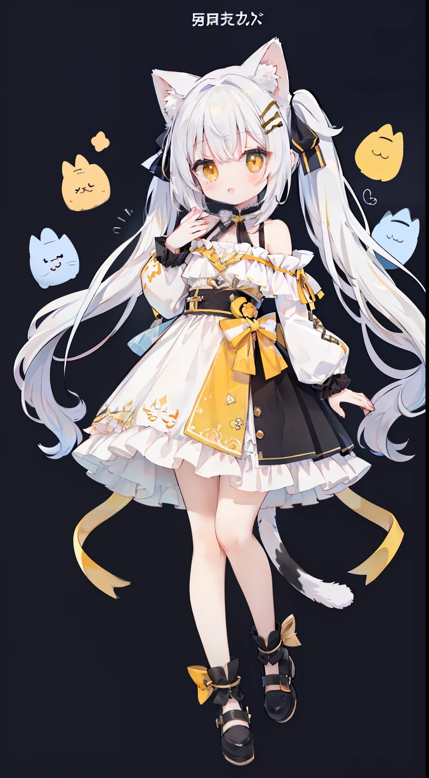 Standing Picture、full bodyesbian、One Girl、white hair、Twin-tailed、yellow eyes、High twin tails、cute little、Cat without ears、Shoulder Length Clothing、