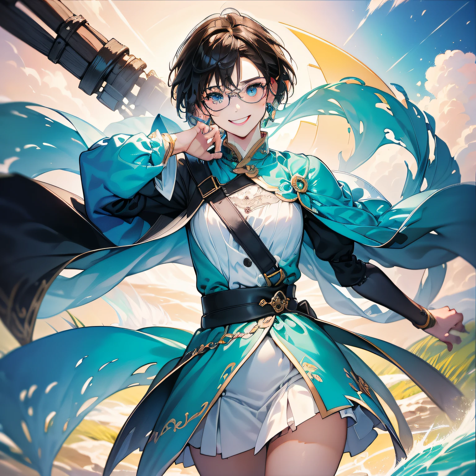 (in 8K、top-quality、masterpiece:1.2)、1人の女性、(Smiling smile:1.1)、beautidful eyes、Valley、The upper part of the body、length hair、Like a boy、poneyTail、Green View、eye glasses