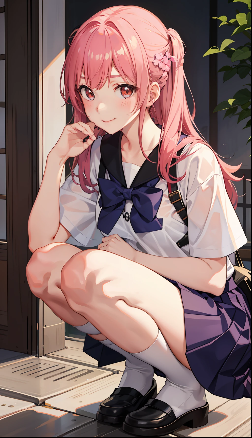 1girl in、A smile、The shirt、skirt by the、(small tits)Chilarism、Japan High School Student Uniform、serafuku、summer clothing、Squall Drenched Uniform、(Sheer Bra)、Upper body portrait、light cream hair、Squatting panchira、