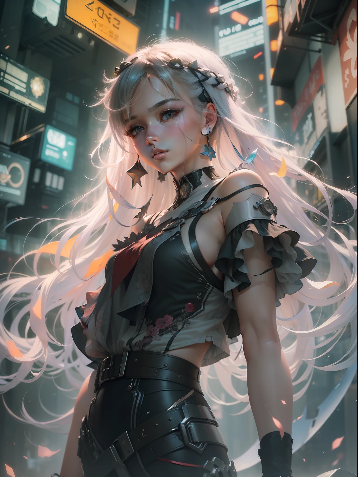 (((​masterpiece)))、(((top-quality)))、((ultra-definition))、(High Definition CG Illustration)、((extremely delicate and beautiful))、Cyber City、Cinematic Light、Yohji Yamamoto Fashion、2080s、animesque、girl with、trending on artstationh、Rachel Walker