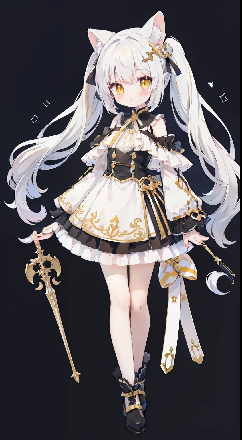 Standing picture、full body Esbian、One girl、white  hair、Twin-tailed、yellow  eyes、High twin tails、cute little、Shoulder-length clothing、