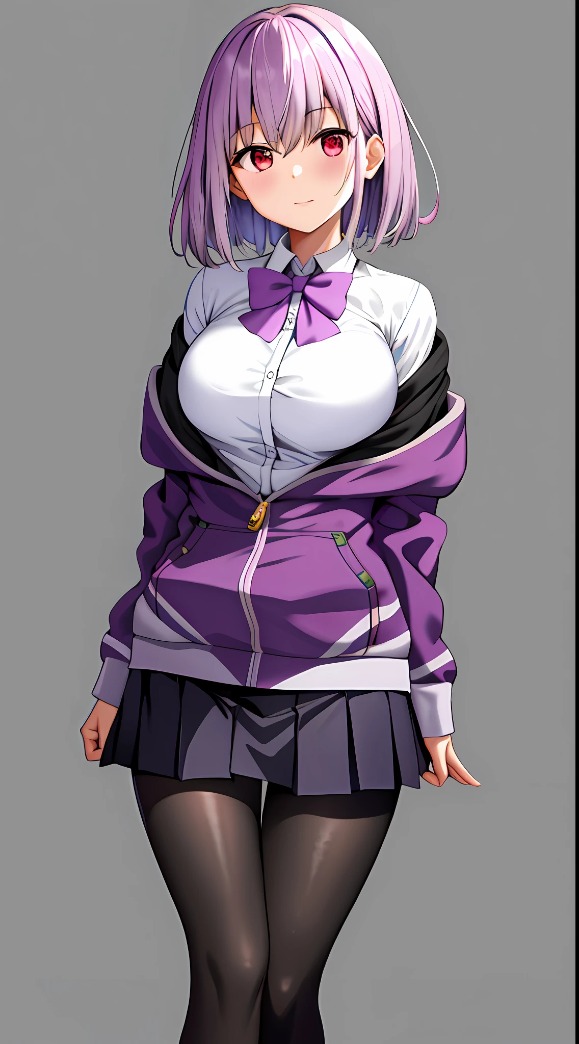 masterpiece, best quality, highres, 1girl, shinjou akane, pantyhose, shirt, bow, skirt, purple jacket, jacket, white shirt, shoes, long sleeves, short hair, black skirt, collared shirt, black pantyhose, open clothes, bowtie, purple bow, breasts, bangs, red eyes, pleated skirt, off shoulder, open jacket, sleeves past wrists, light purple hair, purple bowtie, sneakers, miniskirt,