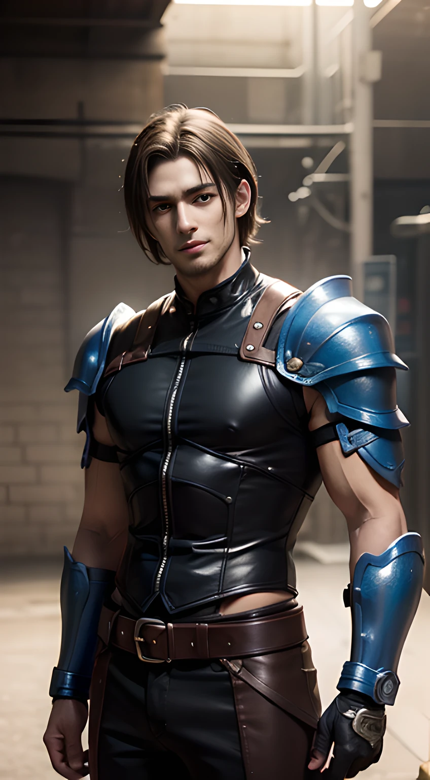 ((Men only)), (cowboy shot), (Handsome muscle male gladiator in his 20s), A strapping warrior with a chiseled physique, clad in formidable armor, exuding strength and determination in every stance, (Leon Kennedy), Mischievous smile, (detaile: 1 in 1), Natural muscles, HIG quality, beautidful eyes, (Detailed face and eyes), (Face、: 1 / 2), Noise, Real Photographics、... ............................................................................................................PSD, Sharp Focus, High resolution 8K, realisitic & Professional Photography, 8K UHD, Soft lighting, High quality, Film grain, FujifilmXT3