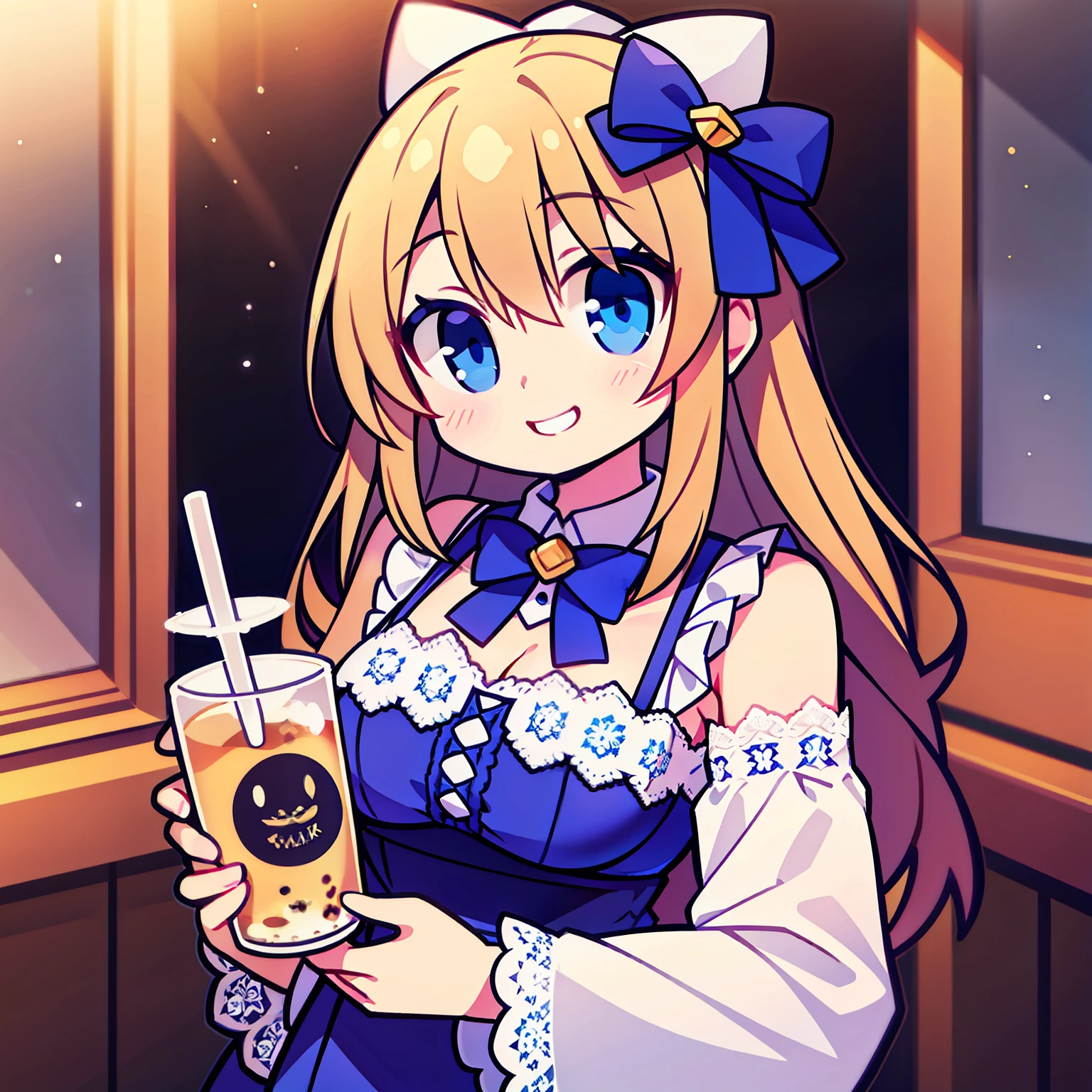 blue eyes, cute bow beside the cheek, delighted smile, lace trims on shoulders,holding Milk tea, smiling happily