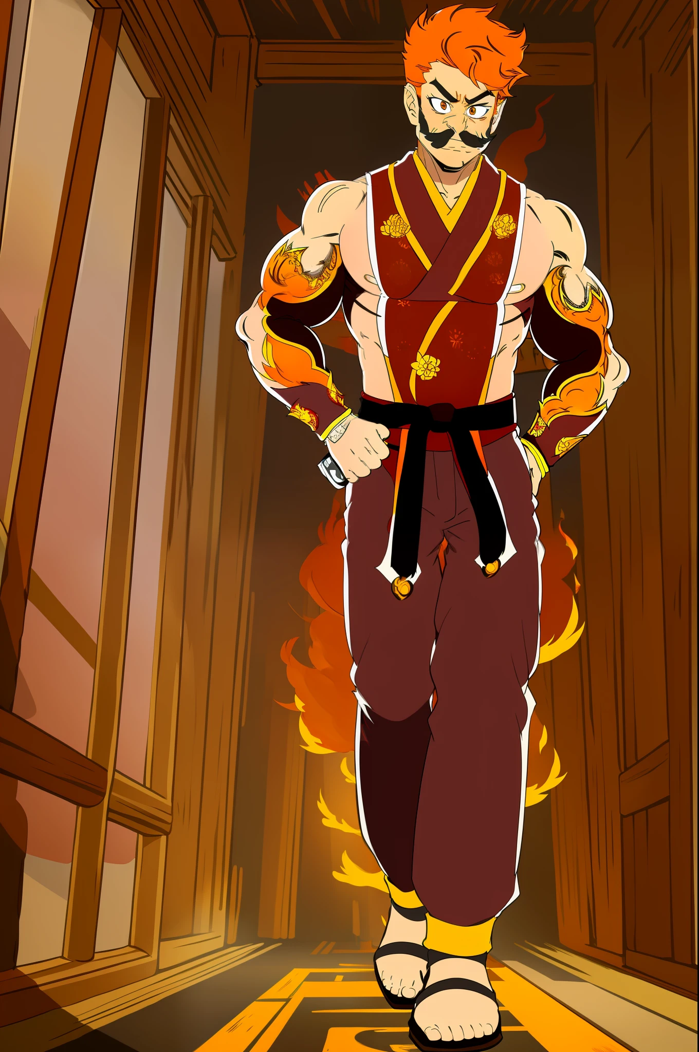 ryan westhearth, red hair, orange hair, fire hair, mustach, muscular male, kimono martial art , monk,, walking, full body, portrait