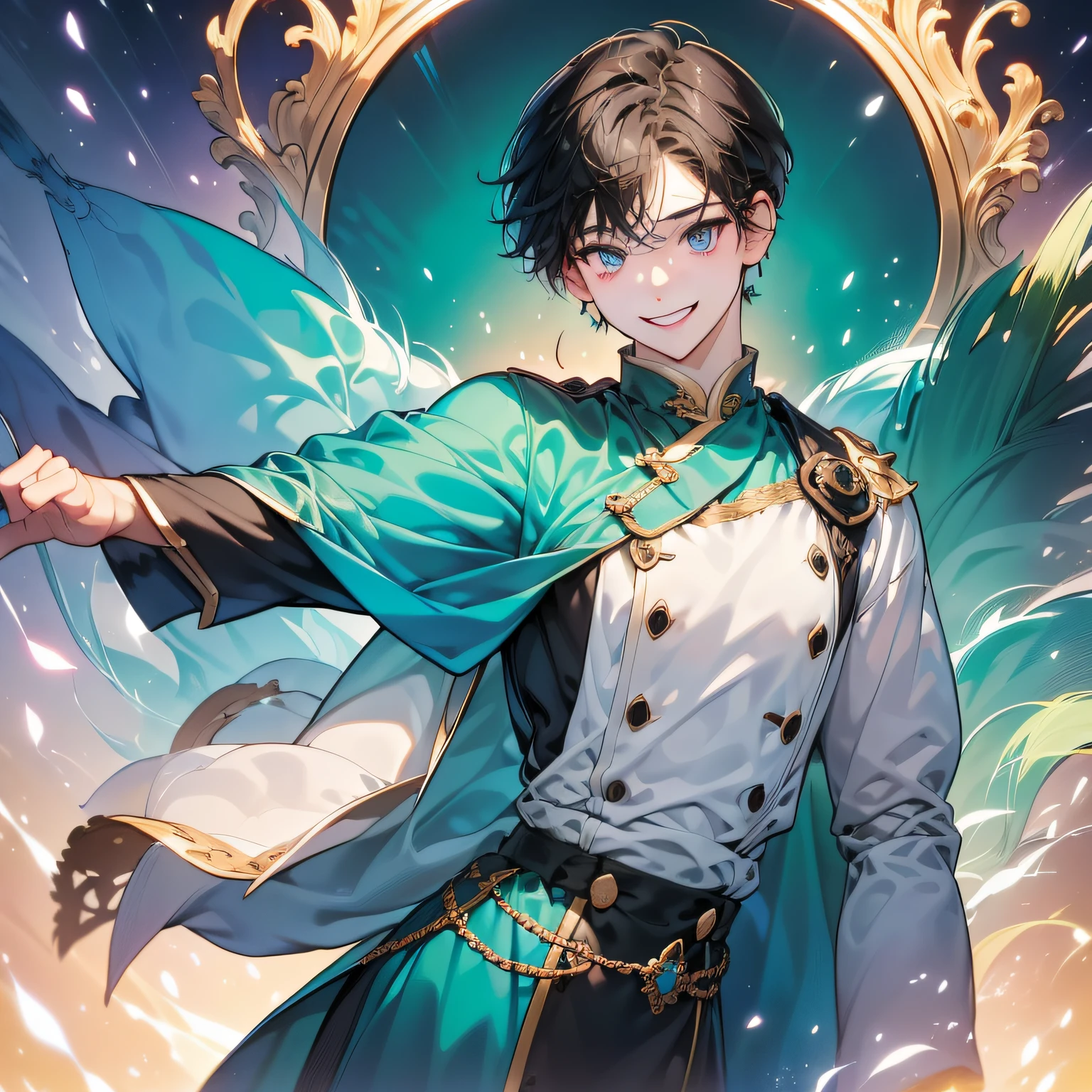 (in 8K、top-quality、​masterpiece:1.2)、1人の女性、(Smiling smile:1.1)、beautidful eyes、Valley、The upper part of the body、shorth hair、Like a boy 、Quirk hair、Green View、