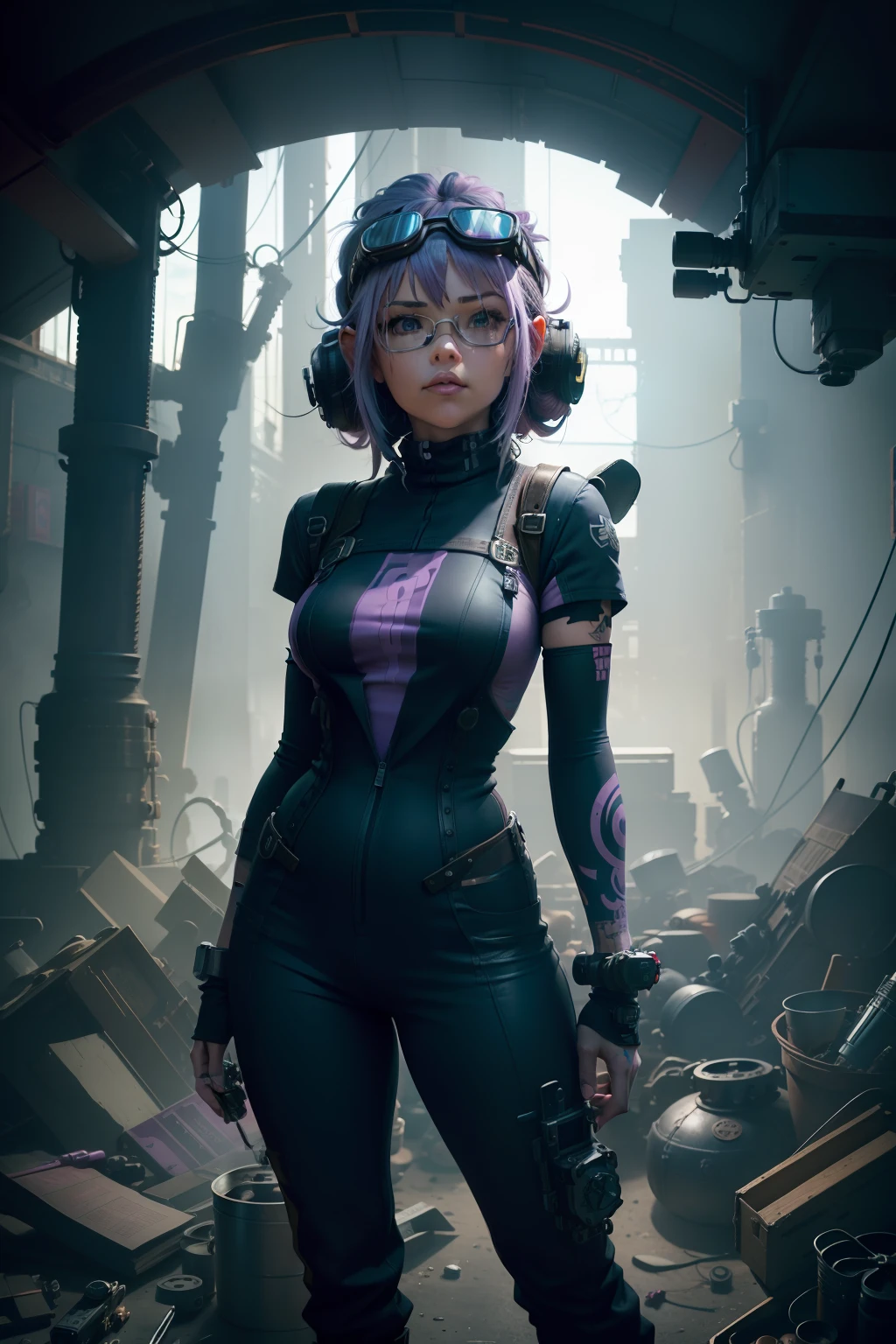 zoomed out, full body, slightly chubby female halfling with purple and pink hair in buns, colorful full-sleeve tattoos, short sleeve shirt, in dirty drab mechanic's jumpsuit, wearing goggles, with a gunmetal steampunk RC drone, holding a steampunk RC controller, hand-drawn illustration, artificer, dungeons and dragons, leave room on top for title