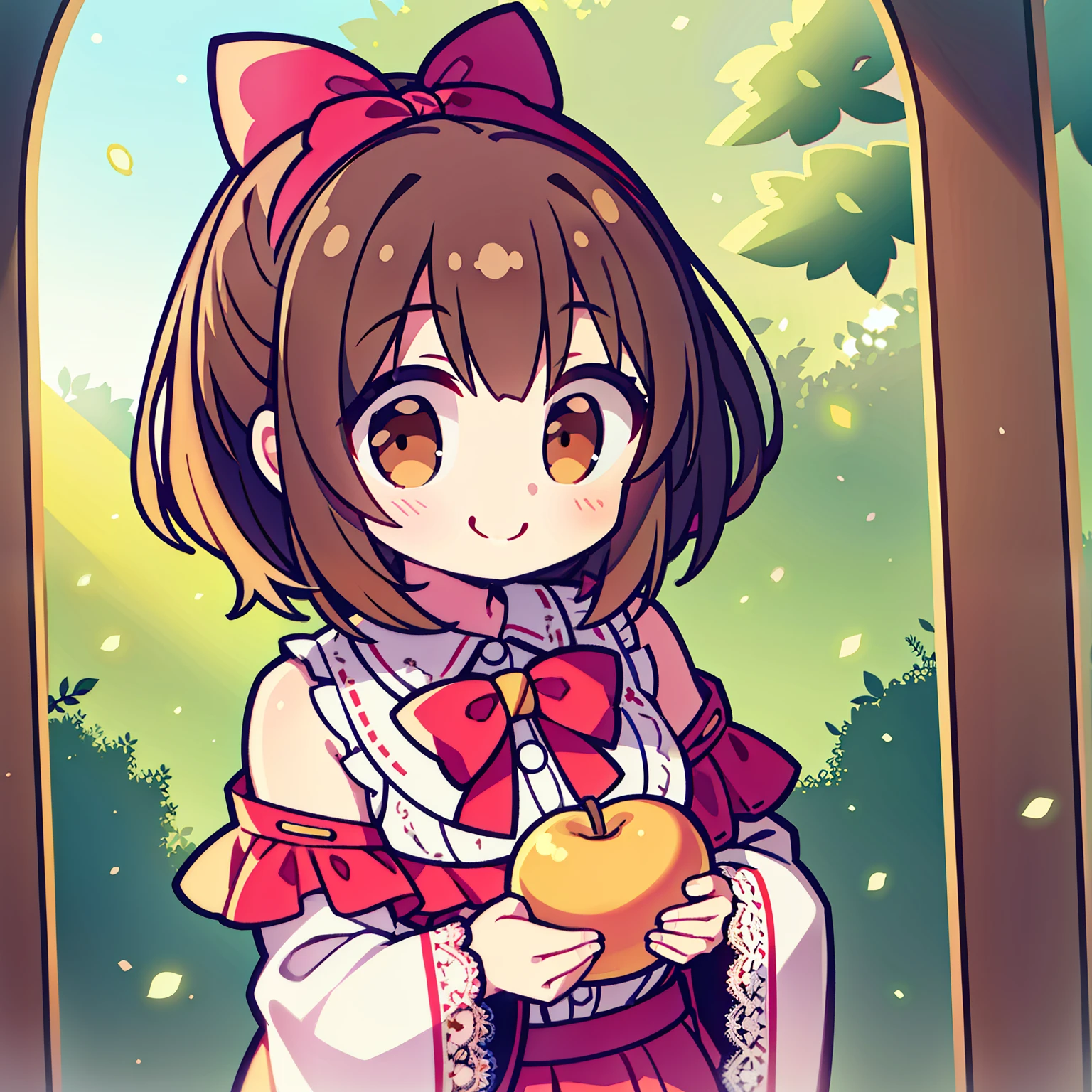 Brown eyes, cute bow beside the cheek, delighted smile, lace trims on shoulders,holding fruit, smiling happily