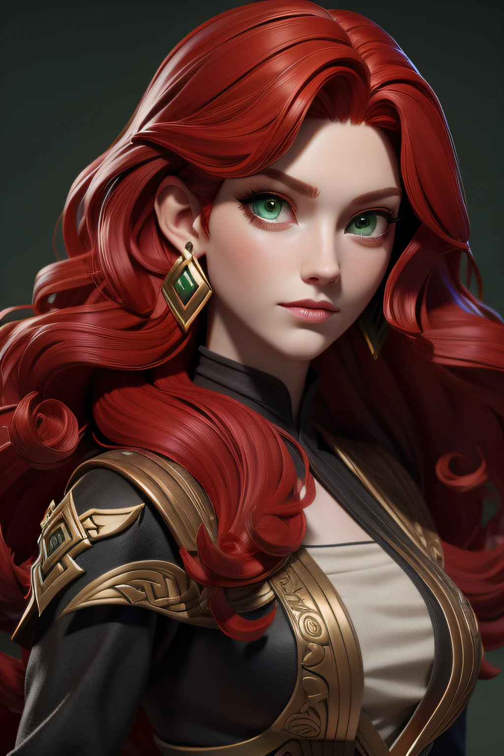 masterpiece, best quality, 1 girl, green eyes, pale skin, dark red hair, wavy hair, medium hair, earrings, jewelry, viking, black clothes, simple background, solo, upper body