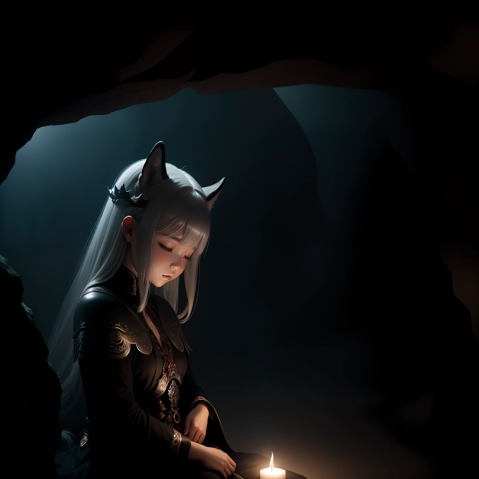 Inside a dimly lit cave、Clean with horns and wings、Silver-haired dragon tribe girl、Bondage costumes、Portrayal of a brown Shiba Inu sleeping on his lap、Close-up photos、Volumetric fog、Halation、bloom、Dramatic atmosphere、central、thirds rule、