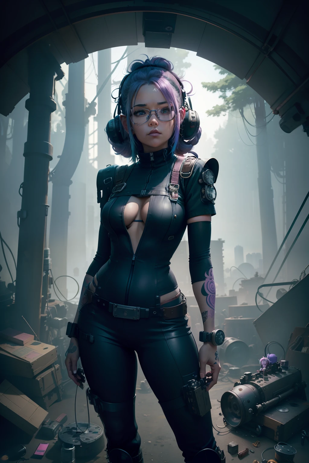 zoomed out, full body, slightly chubby female halfling with purple and pink hair in buns, colorful full-sleeve tattoos, short sleeve shirt, in dirty drab mechanic's jumpsuit, wearing goggles, with a gunmetal steampunk RC drone, holding a steampunk RC controller, hand-drawn illustration, artificer, dungeons and dragons, leave room on top for title