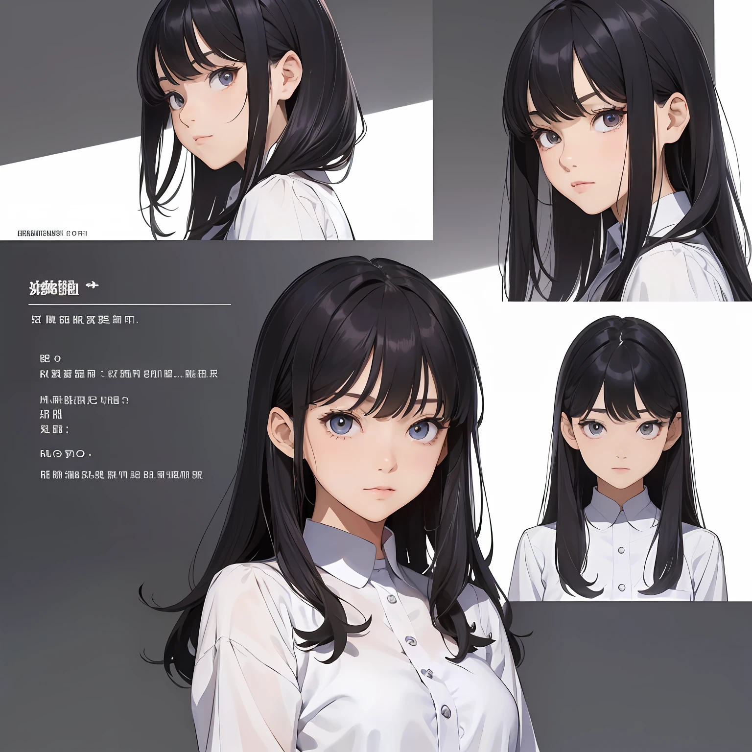 ((masterpiece)),(((best quality))),(character design sheet, same character, front, side, back), illustration, 1 girl, hair color, bangs, hairstyle fax, eyes, environment change scene, Hairstyle Fax, Pose Zitai, Female, Shirt Shangyi, Star, Charturnbetalora, (simple background, white background: 1.3), --6