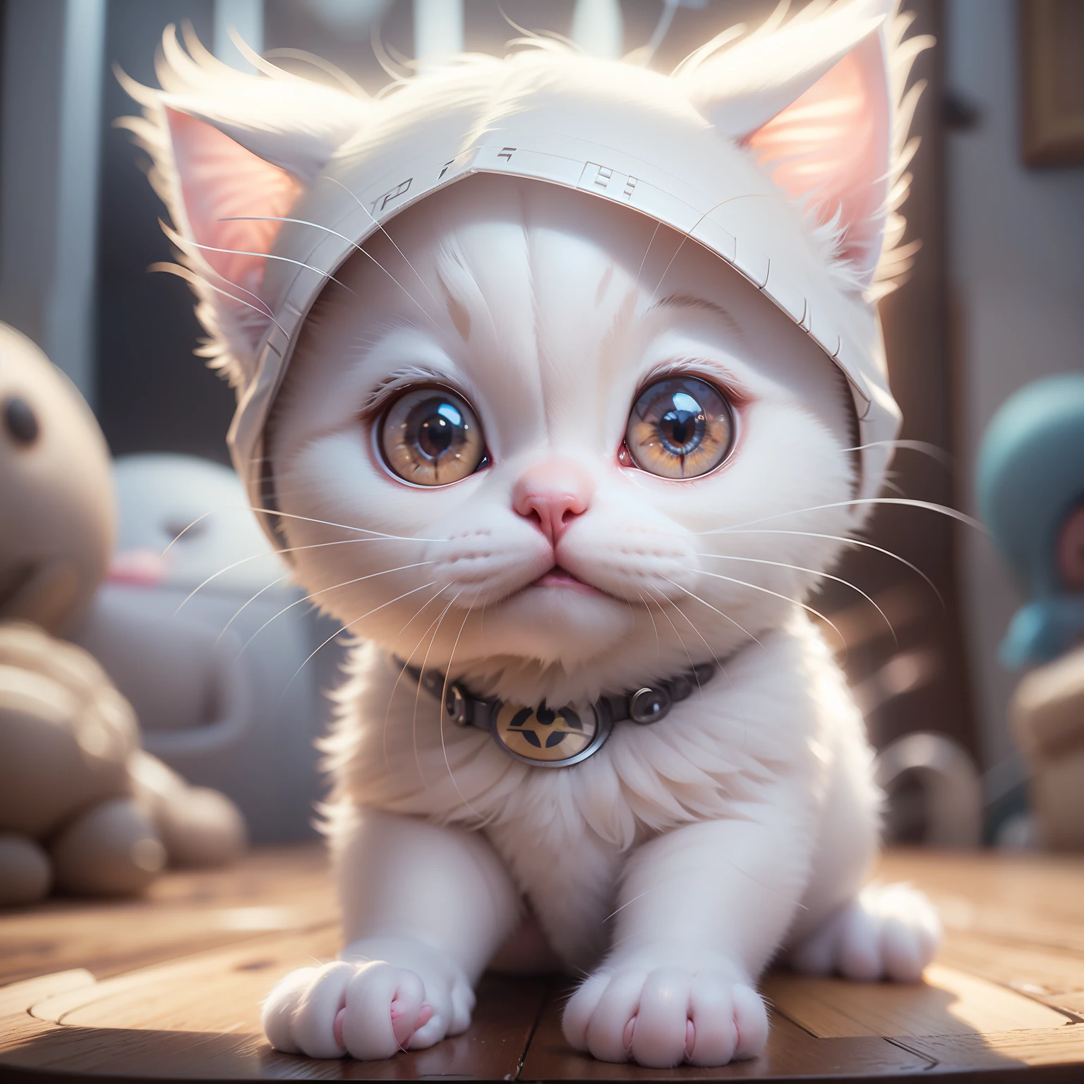 Tiny cute and adorable baby white cat as a minion , intricate stunning highly detailed by artgerm, portrait, soft studio lighting, ultra realistic, photorealistic, octane render, unreal engine, hyper detailed, volumetric lighting, hdr, octane render, fantasy, 4k, 8K