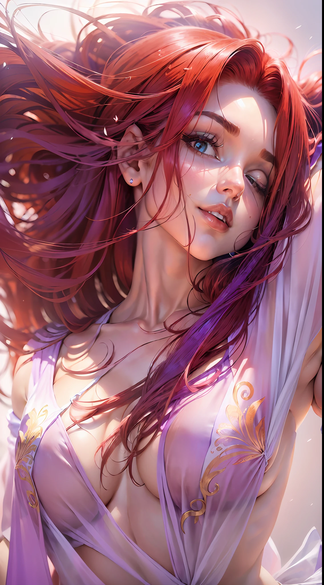 "((realidade))), ((((mulher))), direto da vida real, (hair_red) de cabelos cacheados roxo, Transparent silk scarf girl, sem roupa, sem calcinha, middlebreasts , pernas abertas, arms raised above head, pose sedutora, dormindo na sala, cinta liga branca transparente, pele suada .