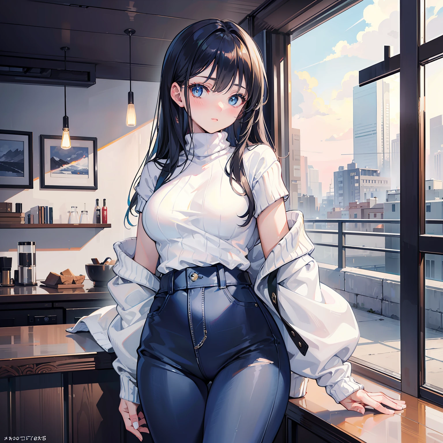 (masterpiece, best quality:1.4), (modern days), (cowboy shot), 1girl, solo, pov, sfw, stunning girlfriend, (standing:1.1), dynamic pose, (white oversized sweater, knit sweater:1.4), (Tight Yoga Pants,dark grey yoga pants:1.4),(Navy blue short jacket,jean jacket:1.4),long Brond Hair,By bangs,heart - shaped face,Elegant face,beauitful face,High detail face,Highly detailed skin,skin pore,sub surface scattering,(Blue eye details),realistic pupil,crisp breasts,(Quiet:1 8),looking at viewert,full blush,'s plump lips,at centre,coffee shop in background,Sunnyday, ventania, detailed back ground, depth of fields, atmosphric perspective, Volumetriclighting, Clear focus, absurd res, Realistic proportions, Good anatomy, 16k hdr,(Beautiful)