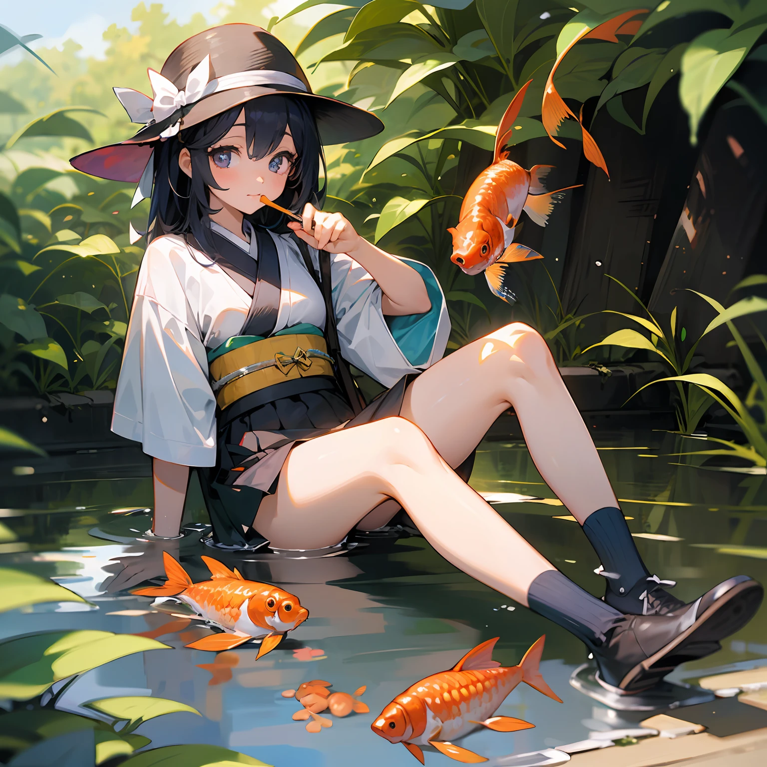 Photo, The girls、japanse, Clothing product samples, Girl scooping goldfish, colored contacts in her eyes, Full body  , In summer