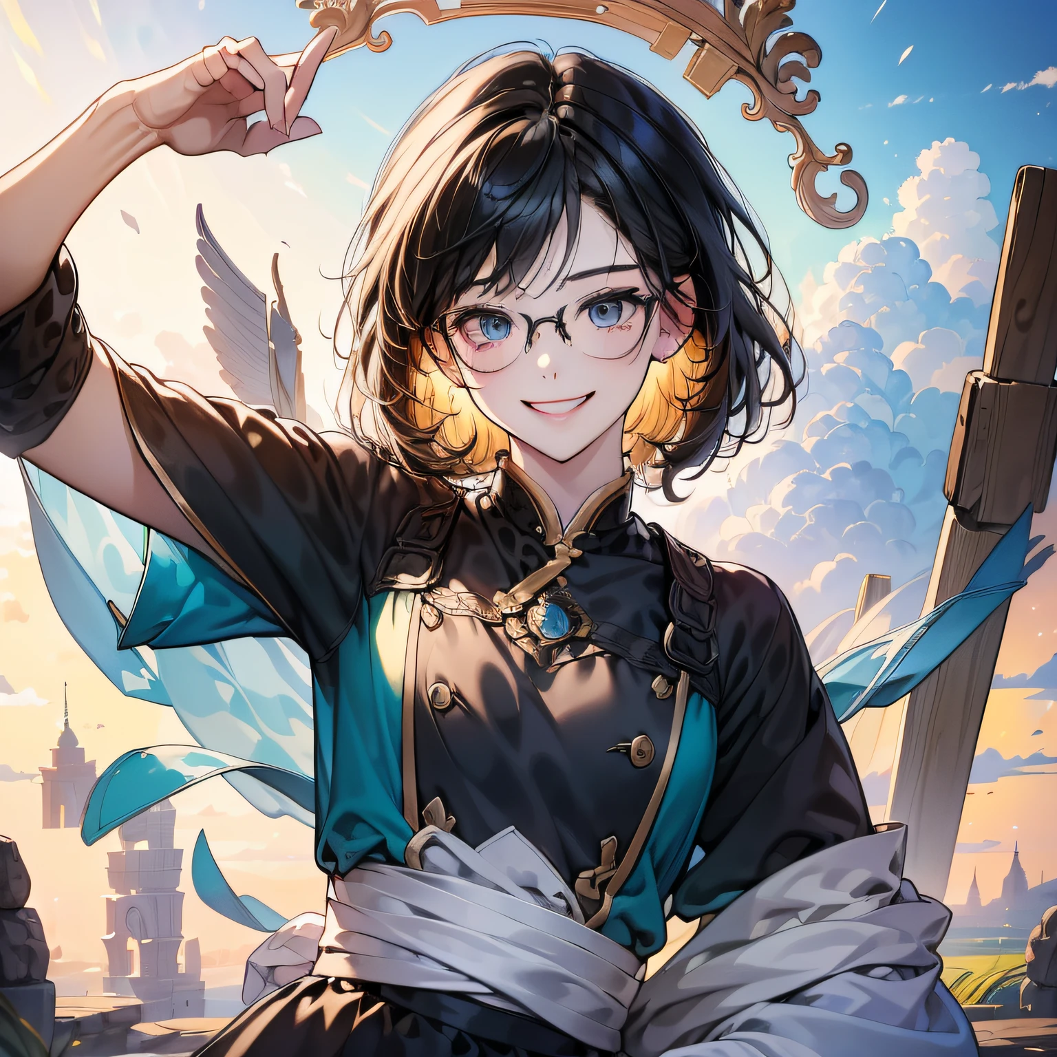 (in 8K、top-quality、masterpiece:1.2)、1人の女性、(Smiling smile:1.1)、beautidful eyes、Valley、The upper part of the body、length hair、Like a boy、poneyTail、Green View、eye glasses