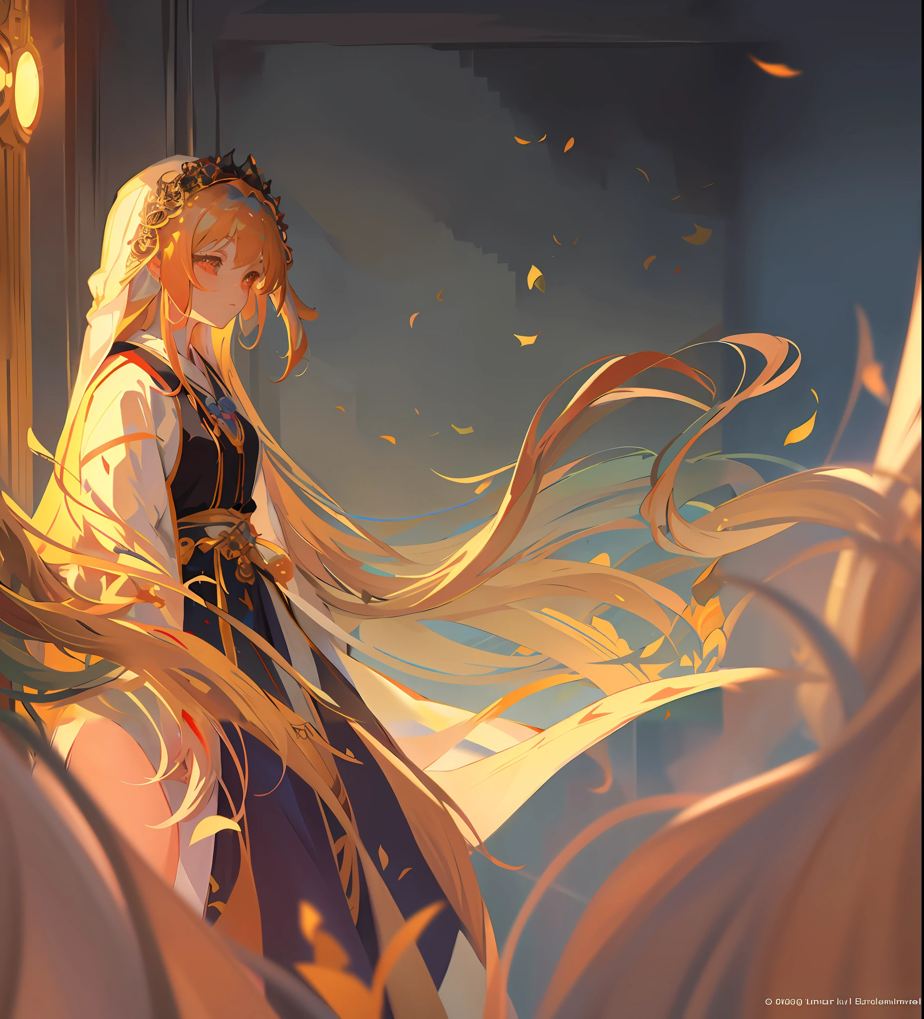 Long-haired anime girl standing in front of the window, blond-haired princess, zerochan art, Guweiz in Pixiv ArtStation, Digital art on Pixiv, trending on artstation pixiv, Guweiz on ArtStation Pixiv, Blonde anime girl with long hair, golden hair blowing the wind, Beautiful anime artwork, flowing hair and long robes