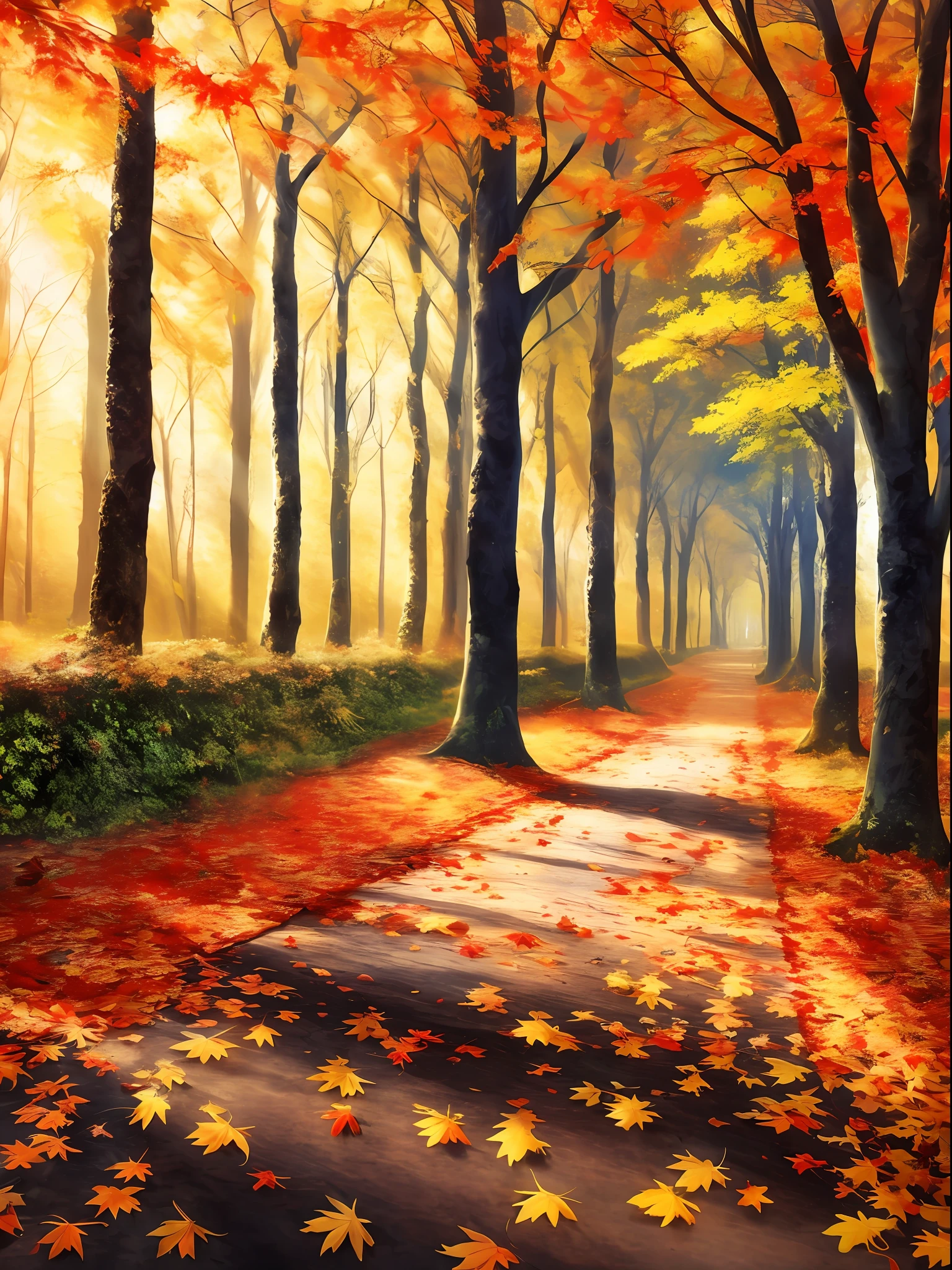 A painting of a road in the forest with leaves on it, autumn forest, Arte digital muy bonito, Autumn lights, Falling magic leaves, hermoso fondo de pantalla, Hermosa pintura digital, Golden Autumn, Ilustraciones de fondo, autumn light, in the autumn forest, Hyper-realistic fall, Autumn suns, Fondo de pantalla HD, Hermoso arte digital, asombroso, in fall, Fondo de escritorio de alta calidad
