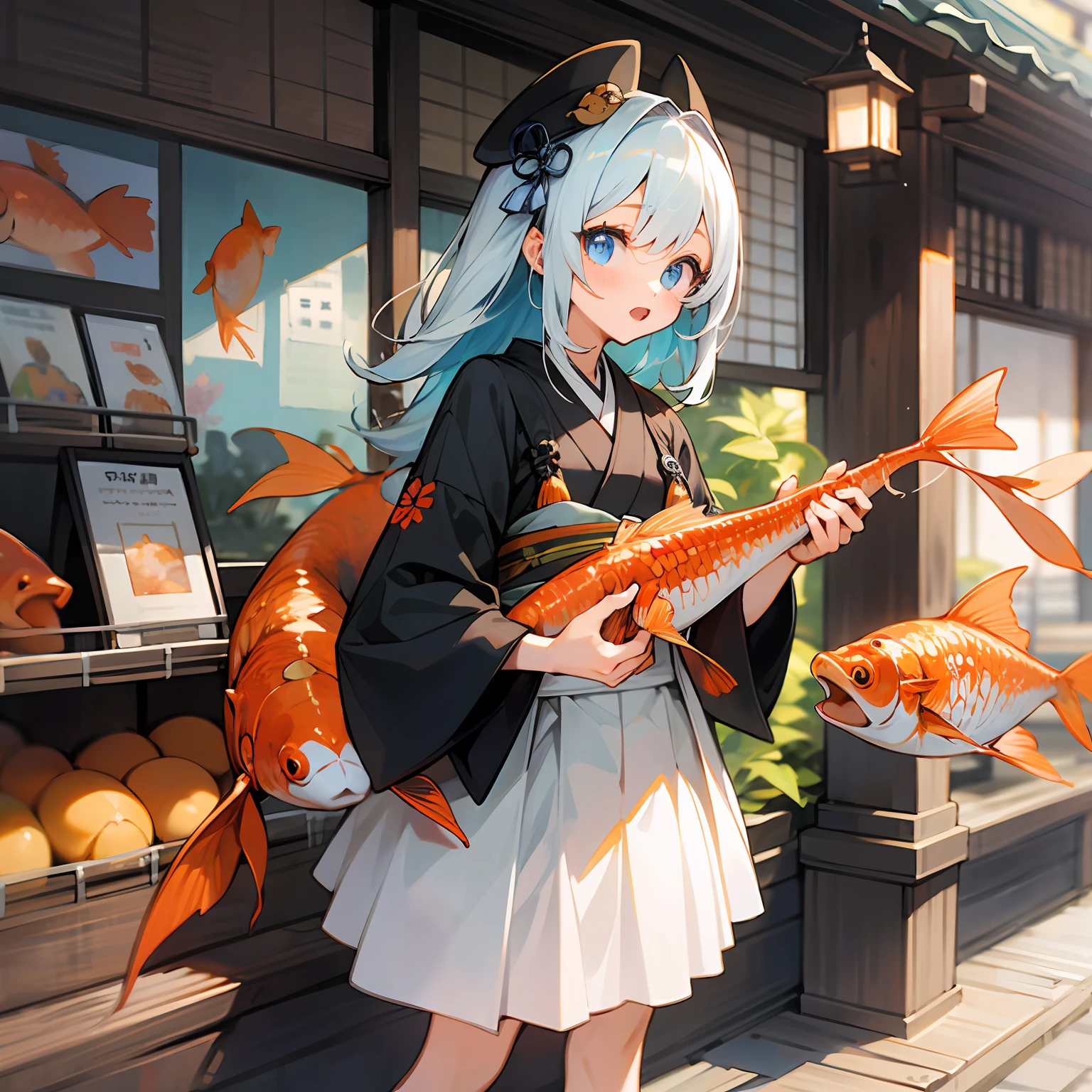 Photo, The girls、japanse, Clothing product samples, Girl scooping goldfish, colored contacts in her eyes, Full body  , In summer