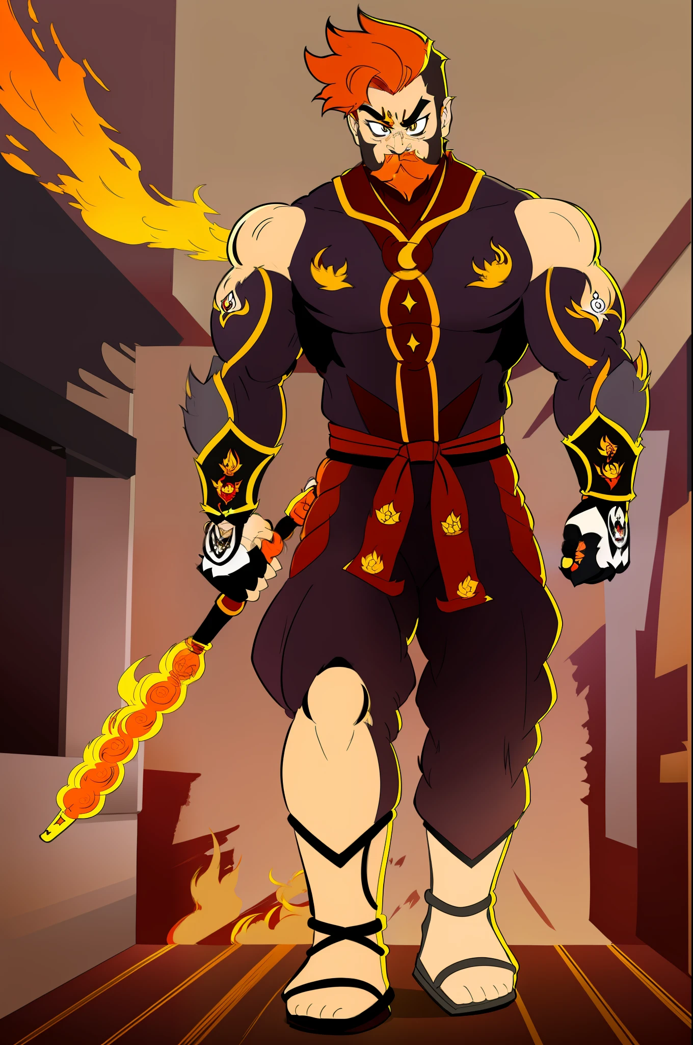 ryan westhearth, red hair, orange hair, fire hair, mustach, muscular male, kimono martial art , monk,, walking, full body, portrait