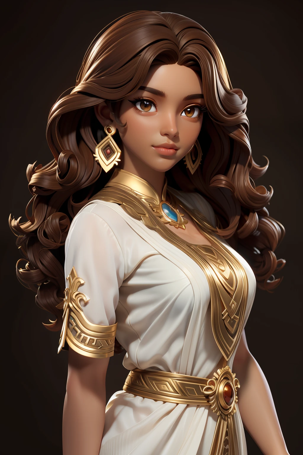 masterpiece, best quality, 1 girl, golden eyes, dark skin, brown hair, very curly hair, medium hair, earrings, jewelry, greek, white clothes, simple background, solo, upper body