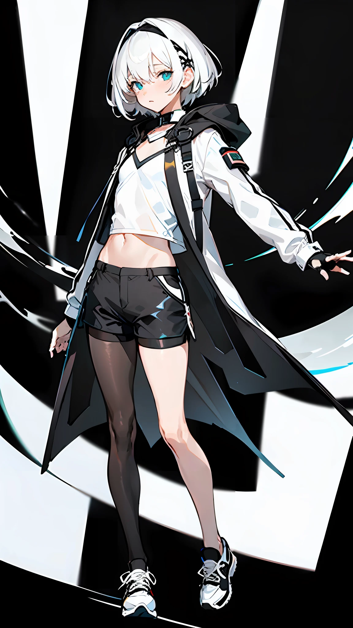 Masterpiece, Best quality, Solo,Boy, Pantyhose, White hair,Short hair, (White shirt:1.4),(Black shorts:1.5), blackfootwear, full bodyesbian, Black pantyhose, shirt, Shorts, Coat, Open coat, view the viewer, Hood, Sneakers, Open clothes, Black coat, (Flat chest:1.7), No breasts,Long sleeves, bangs, Fingerless gloves, Short hair, hair between eye,Black background