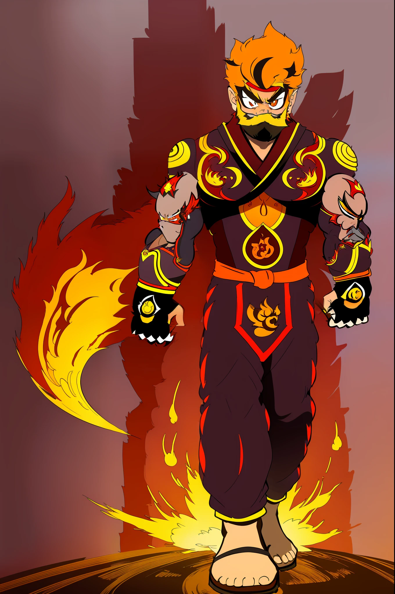ryan westhearth, red hair, orange hair, fire hair, mustach, muscular male, kimono martial art , monk,, walking, full body, portrait