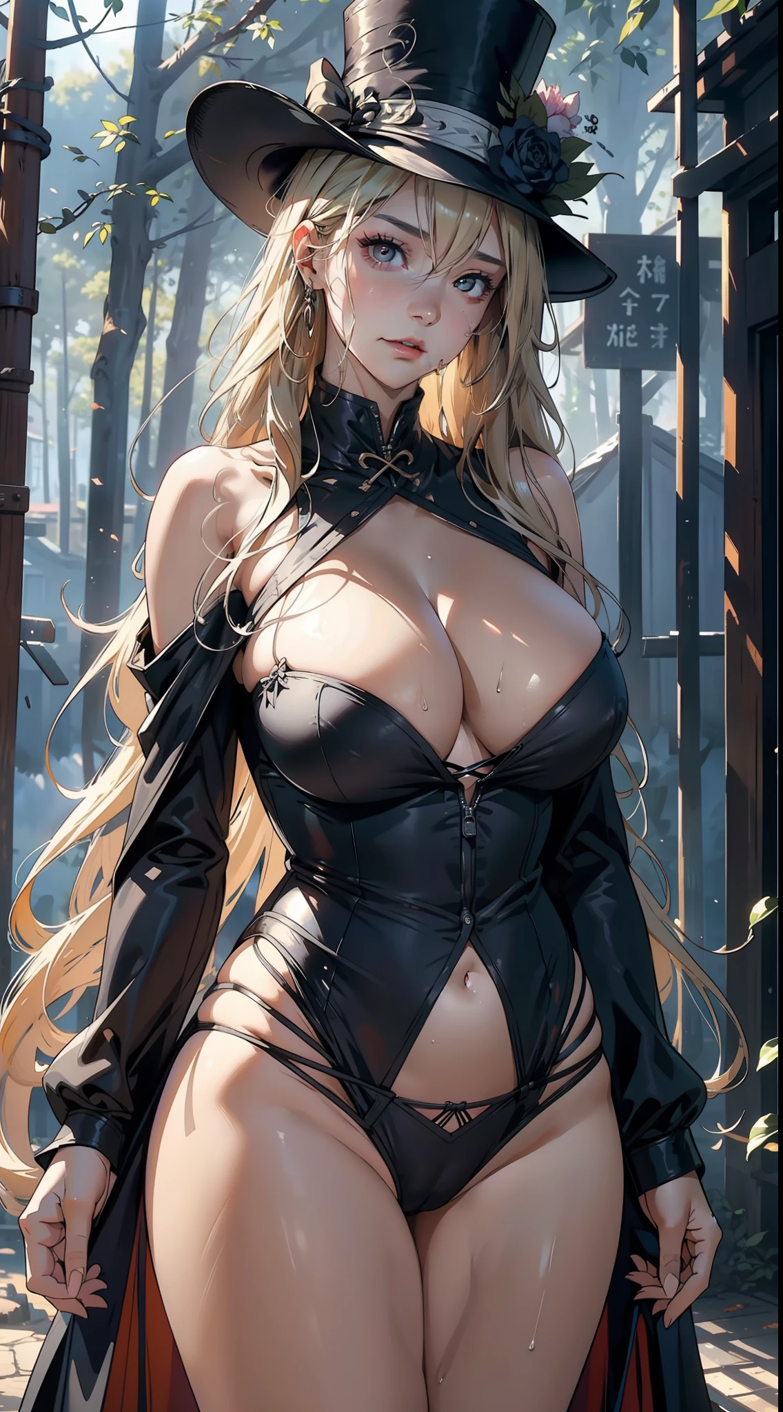 1female,35yo,Huge breasts, 独奏,Wearing a tuxedo,Wear a top hat,Woman dressed as a man, Pornographic exposure,ln the forest, She has long flowing blonde hair, Bare genitalia,Sateen,Bigchest, From the front side, Wet straight hair, Sweating profusely,mostly cloudy sky,(tmasterpiece),(Very detailed CG unity 8K wallpaper),best qualtiy,voluminetric lighting,detailed back ground,beatiful detailed eyes,Bright pupils,(Very fine and beautiful),(Beautiful and detailed eye description),ultra - detailed,facing at camera,A high resolution,ultra - detailed),Very long hair,standing on your feet,Emotive expressions,Open-mouthed,Chest sagging,nakeness, Expose the genitals,revealing breasts,Camel toes,with no underpants,extremely large bosom,Extremely colorful,Most detailed,fully body photo,The face is well lit,frontage