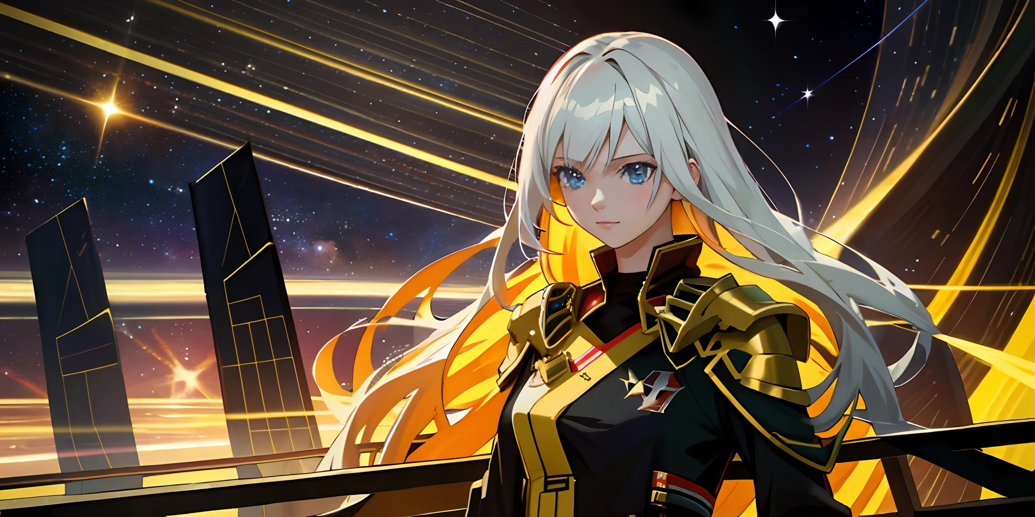 Girl standing on a space command ship,A slight smil,Space in the distance is still fighting,A nearby exploding star gradually collapsed into a black hole。Maiden Governor,White-haired girl,long whitr hair,portrait of teenage girl,Dressed in the clothes of an imperial general, Black and gold stripes,Starship battlefield,Anime wallpaper 4K,anime wallpaper 8 K,Starskrim,realistic space,Simple,sci-fy,photorealestic
