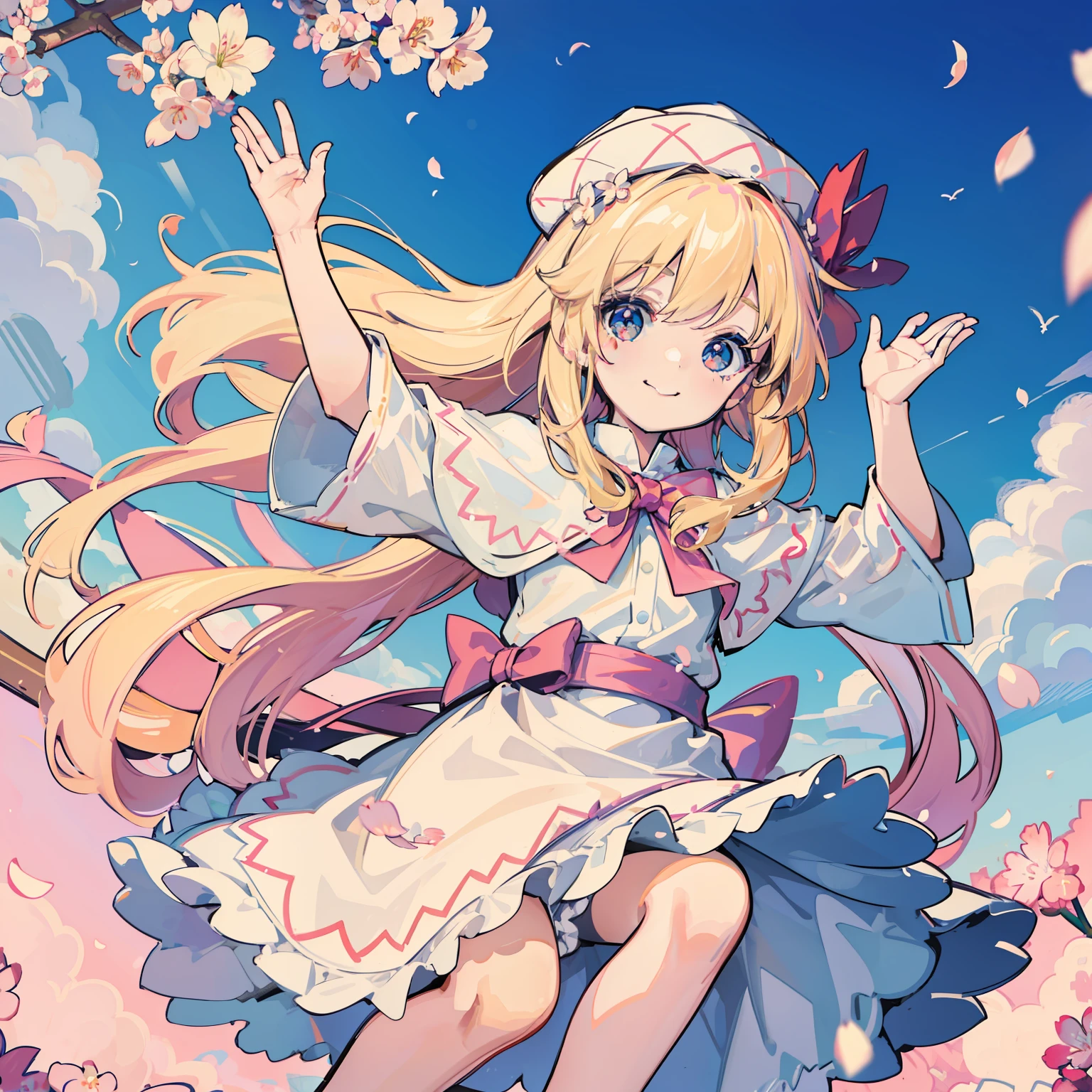 Lily White in a lively pose, masterpiece, fine detail, 4k, 8k, 12k, solo, 1 person, beautiful girl, white female, loli, 8 years old, Lily White, blonde, smile, blue sky, air, flying pigeons, spring, cherry blossom petals