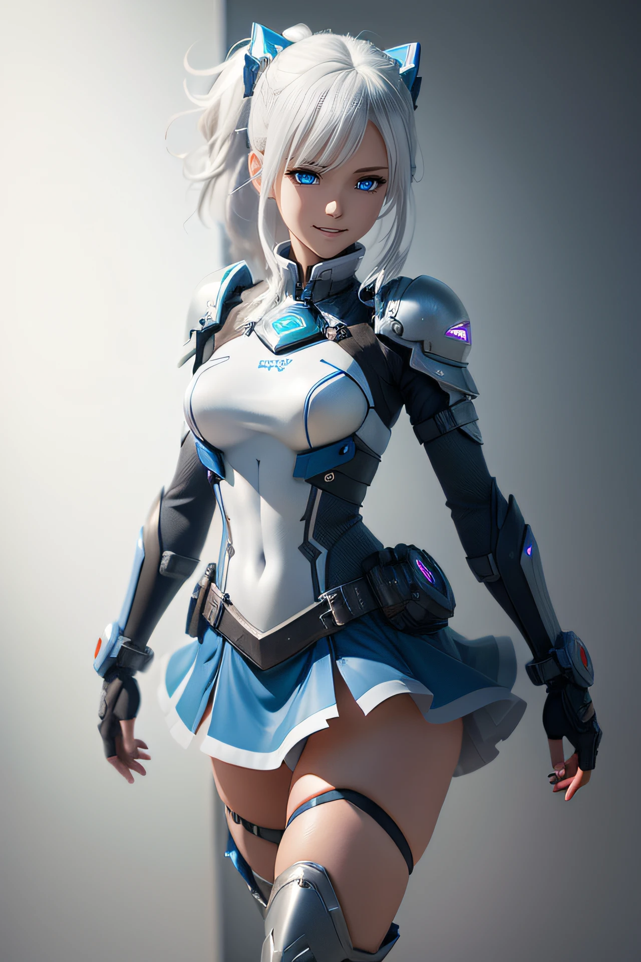 White background, Attractive Blue Eyes, Anime, shoulder length messy hair, White hair, Happy smile, Full body, long boots, Women's miniskirts, 14 year old beautiful anime style girl, hyper detailed painting, luminism, 4K resolution, , 3d rendered, Octane Render, Intricately detailed , Cinematic, trending on artstationh, Ultra-realistic cover photo with isometric center, hit definition , Cinematic, bold lines, On paper