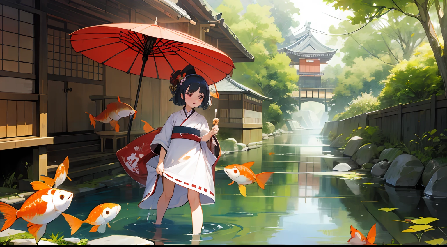 Photo, The girls、japanse, Clothing product samples, Girl scooping goldfish, colored contacts in her eyes, Full body , In summer