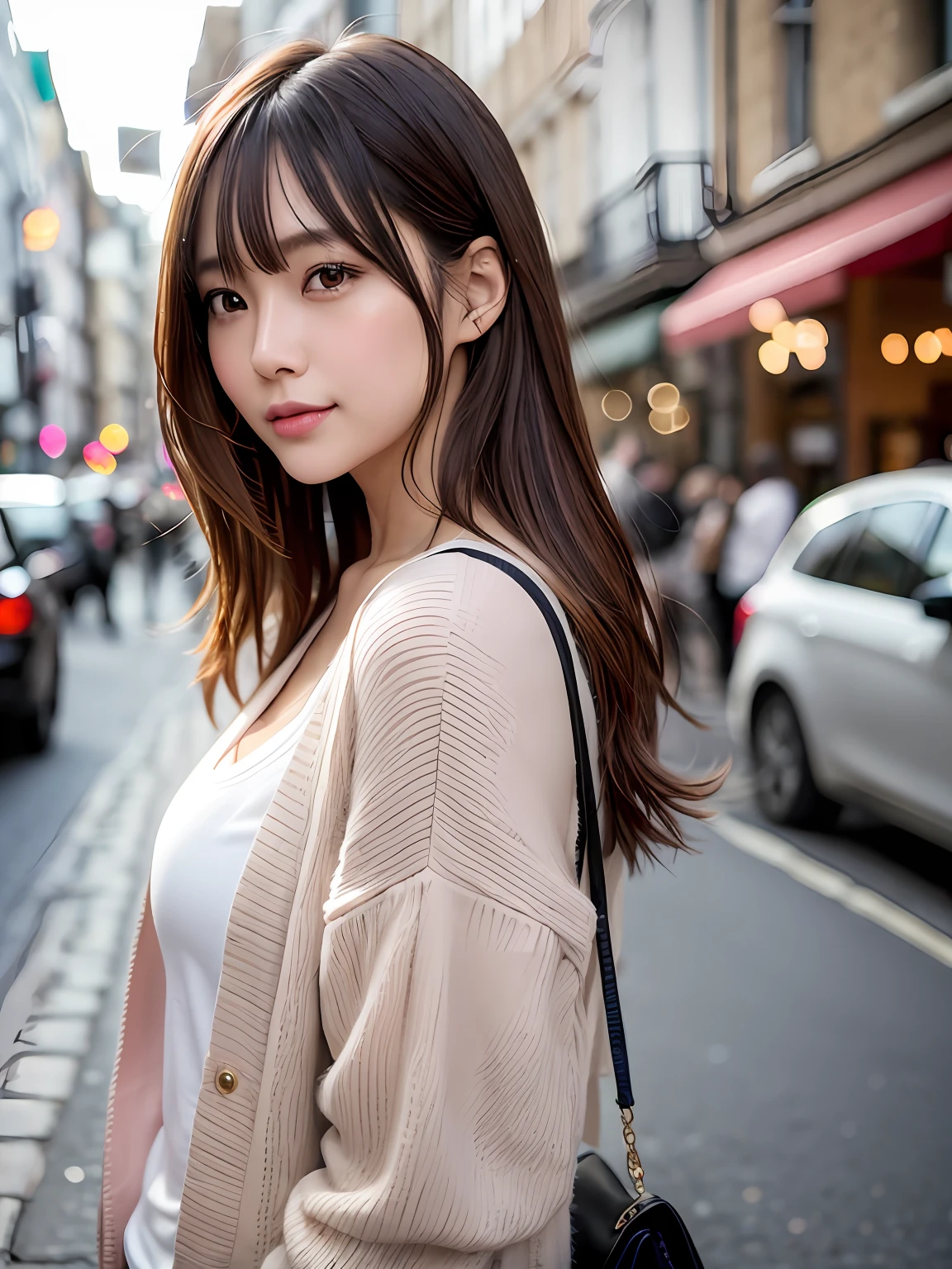 product quality, 1 girl per 1 photo, cowboy shot, side view, a Japanese young pretty girl, long bob hair, wearing a marriage ring, waiting a taxi with a big smile on a crowded cobblestone road in London, wearing a long sleeves pink cardigan over a T-shirt with a graphic printed, wearing light brown pants, a shoulder bag, hyper cute face, glossy lips, double eyelids for both eyes, natural makeup, shiny smooth light brown hair of long bob hair, asymmetrical bangs, tanned skin, central image, 8K resolution, high detail, detailed hairstyle, detailed face, cinematic lighting, octane rendering, hyper realistic, perfect limbs, perfect anatomy