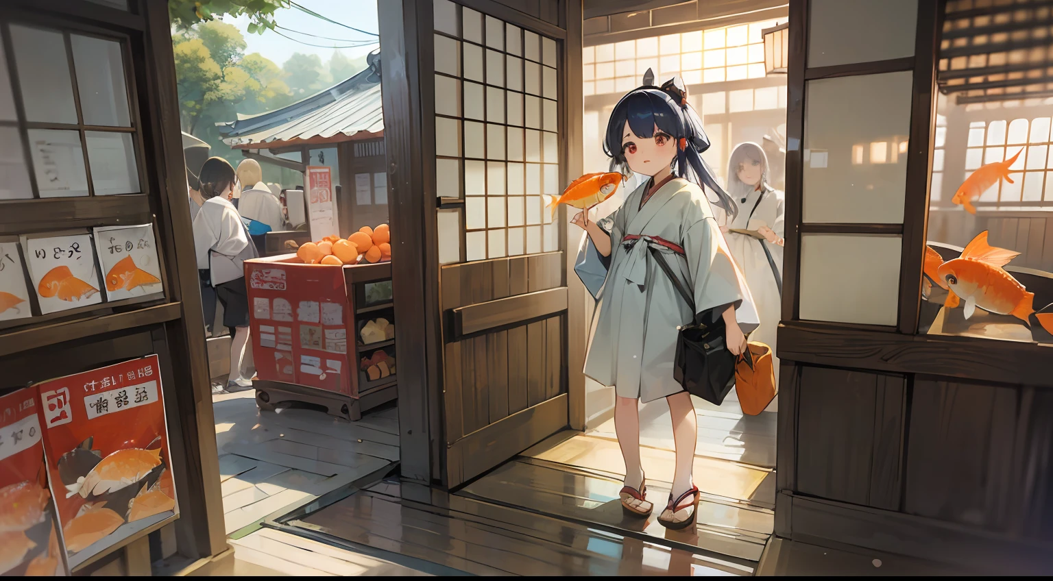 Photo, The girls、japanse, Clothing product samples, Girl scooping goldfish, colored contacts in her eyes, Full body  , In summer