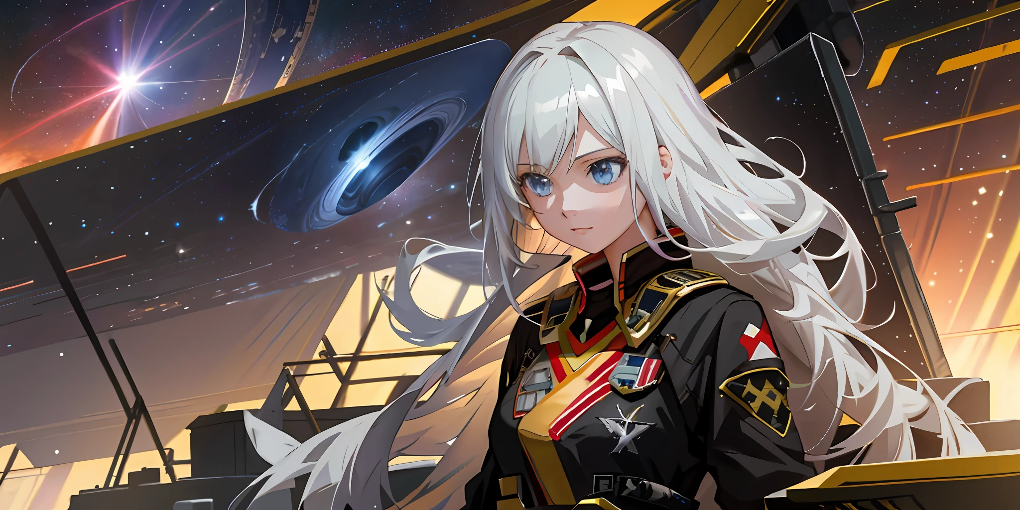 Girl standing on a space command ship,A slight smil,Space in the distance is still fighting,A nearby exploding star gradually collapsed into a black hole。Maiden Governor,White-haired girl,long whitr hair,portrait of age girl,Dressed in the clothes of an imperial general, Black and gold stripes,Starship battlefield,Anime wallpaper 4K,anime wallpaper 8 K,Starskrim,realistic space,Simple,sci-fy,photorealestic