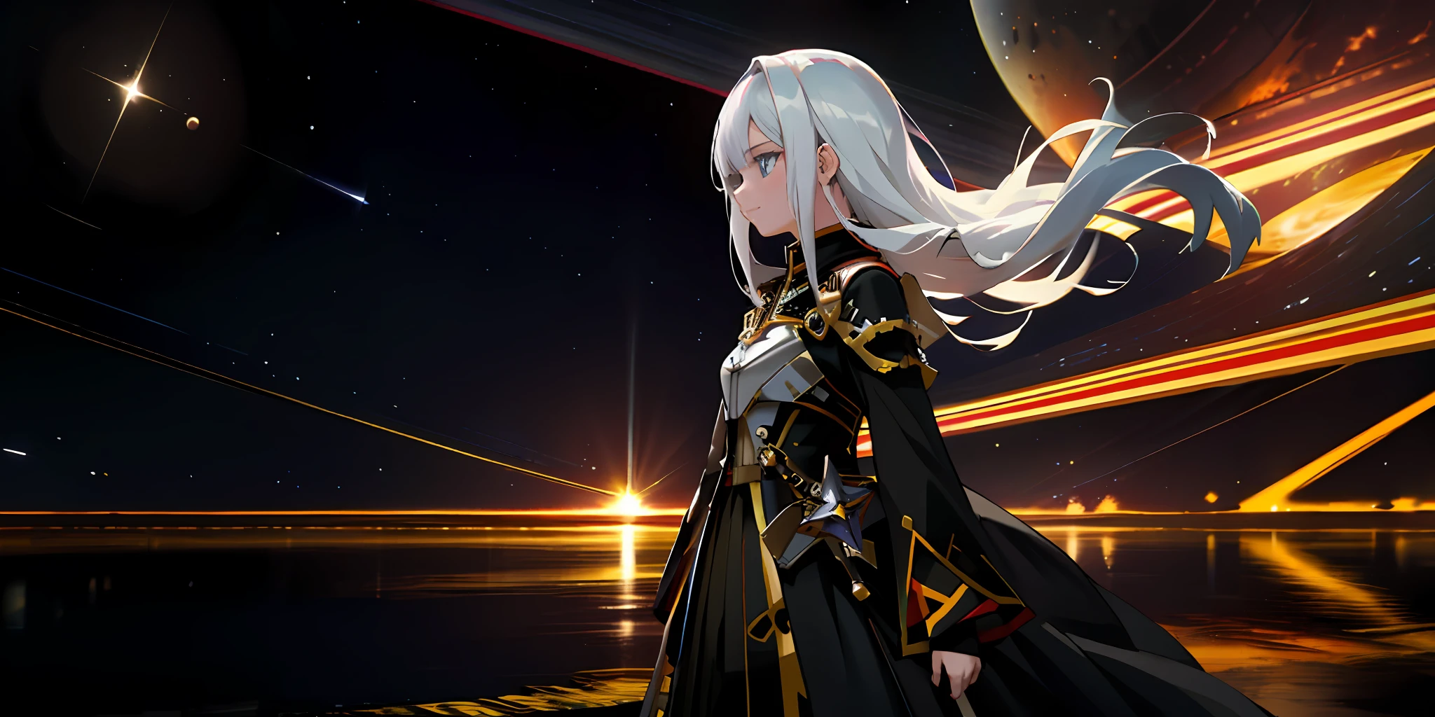 Girl standing on a space command ship,A slight smil,Space in the distance is still fighting,A nearby exploding star gradually collapsed into a black hole。Maiden Governor,White-haired girl,portrait of teenage girl,Wearing the dress of an imperial general, Black and gold stripes,Starship battlefield,Anime wallpaper 4K,anime wallpaper 8 K,Starskrim,realistic space,Simple,sci-fy,photorealestic