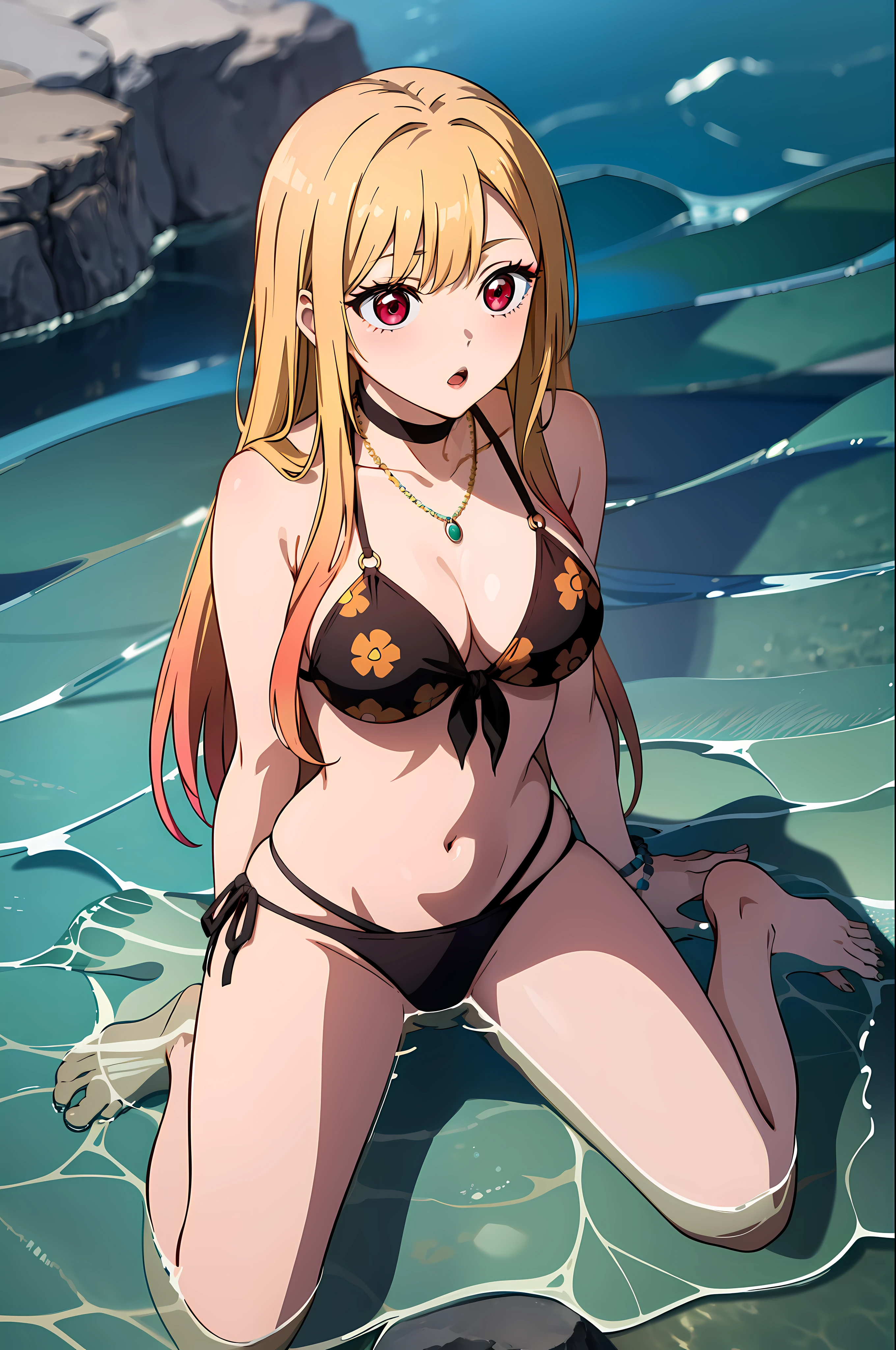 masterpiece, best quality, highres, kitagawa marin, 1girl, blonde hair, long hair, multicolored hair, red eyes, jewelry, necklace, choker, black bikini, floral print, bracelet, side-tie bikini bottom, wariza, :o, sitting, sea background, ocean background