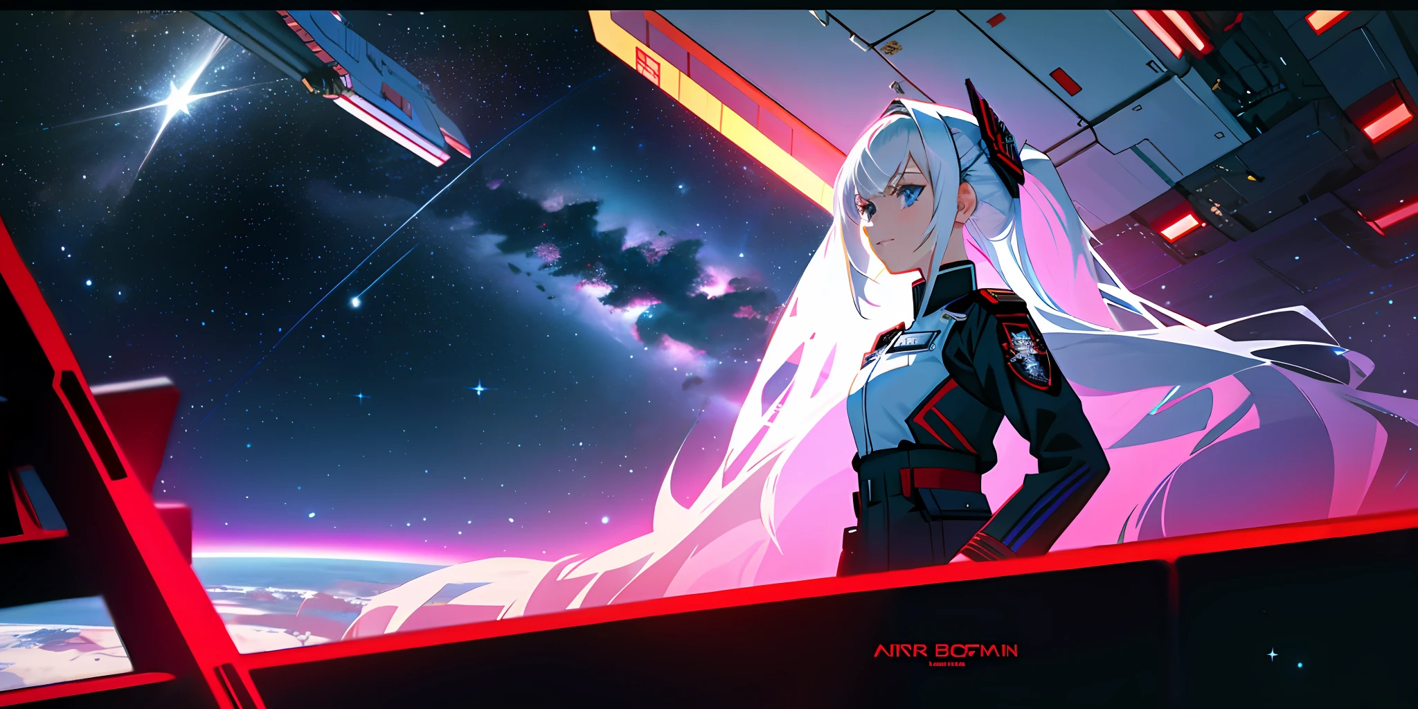 The girl stands on a command ship in space,Gaze out at the space battlefield in the distance,With a slight smile,A star explodes in the distance。Maiden Governor,White-haired girl,portrait of age girl,Wearing the uniform of the Imperial General in black with red,Starship battlefield,Order of the Eagle,Anime wallpaper 4K,anime wallpaper 8 K,Starskrim,Realistic space,Simple style