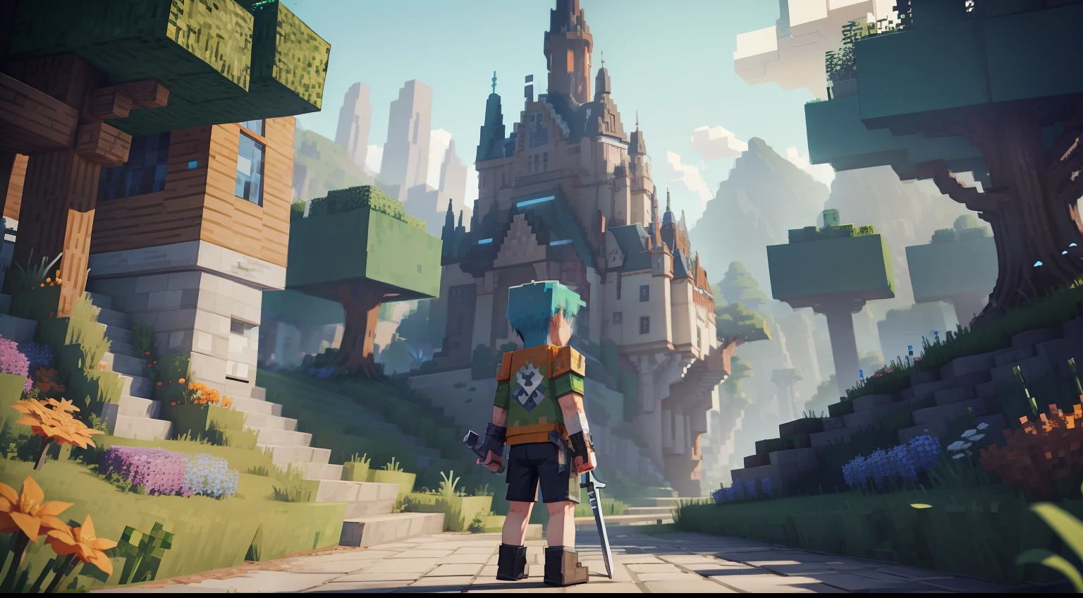 Theme like Minecraft, with a Minecraft style boy with blue hair and a sword pointed upwards, an orange coat and gray shirt, and shorts with flowers as print, cartoon style photo, with minecraft landscape with trees