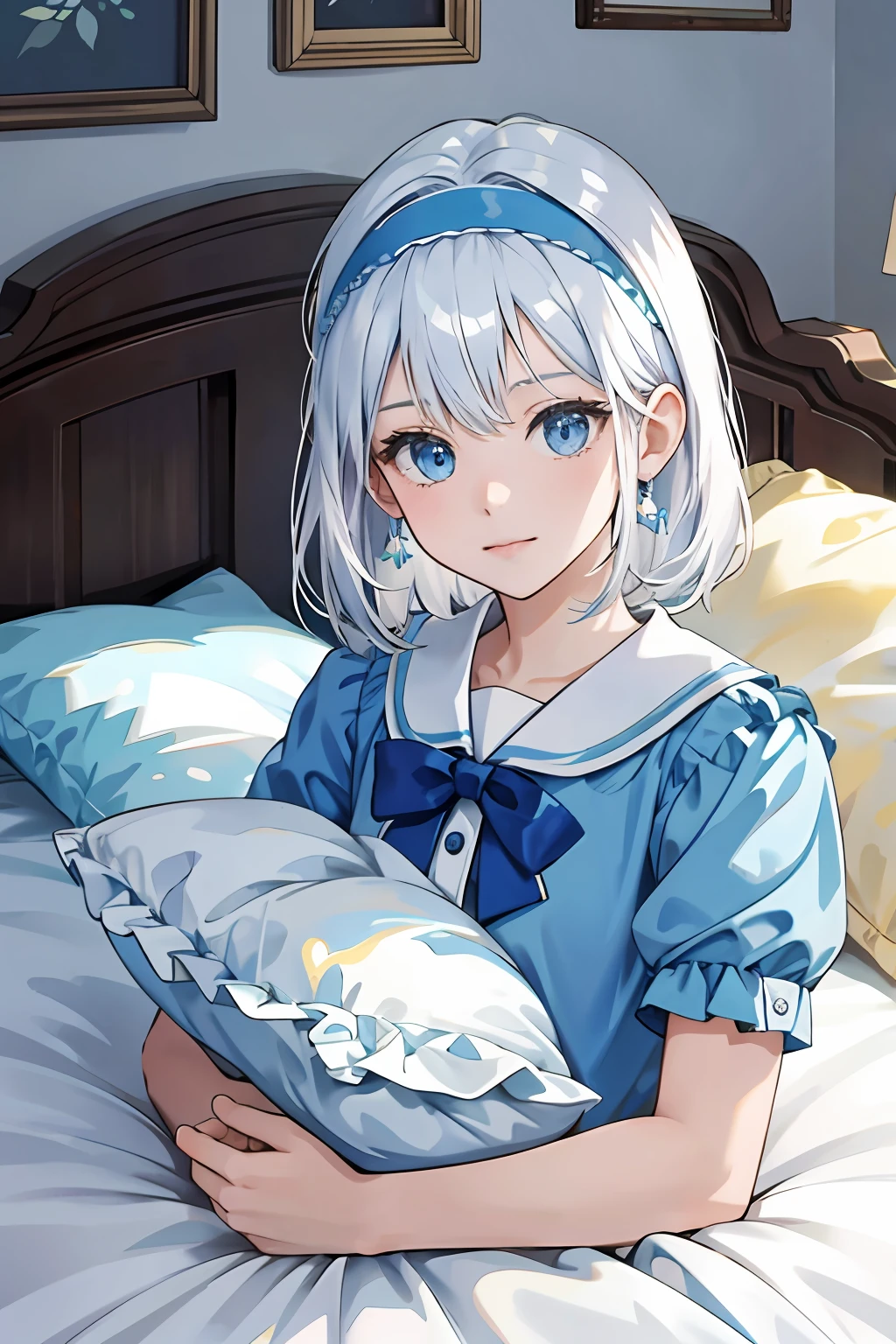 one-girl, Wear blue short sleeves, blue color eyes, on top of the bed,pillow head, Study desk, janelas, rays of sunshine, White hair, bow hair band, hyper HD, Masterpiece, ccurate, High details, Best quality