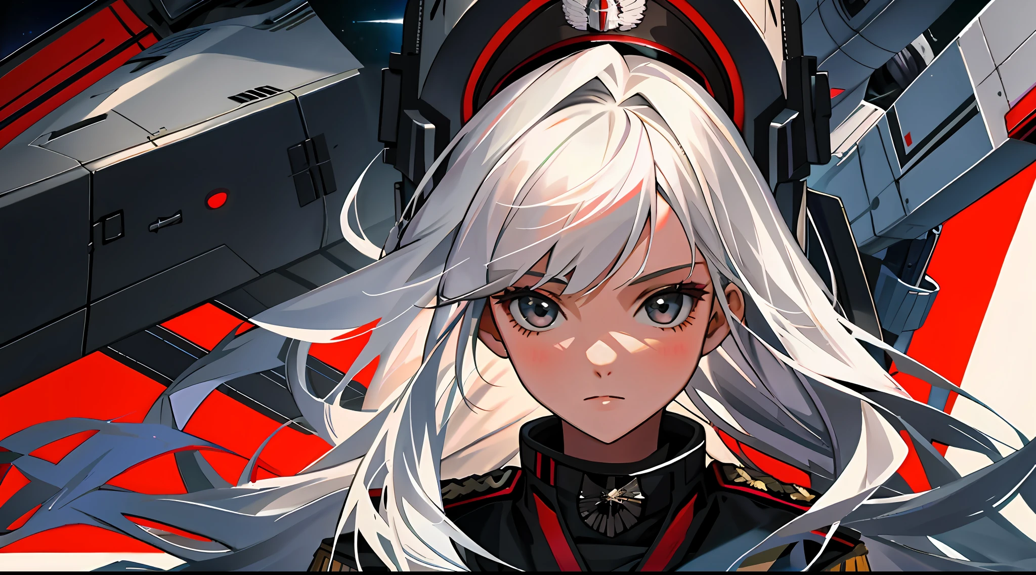 Maiden Governor,White-haired girl,portrait of teenage girl,The main black with a hint of red is the uniform of the German general,Starship deck,space,Order of the Eagle