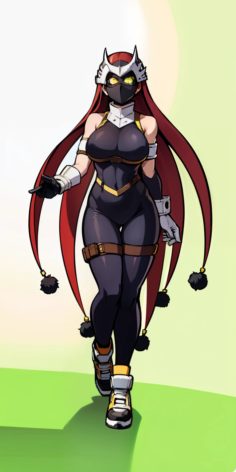 My Hero Academia style, anime Girl, female, Wide thighs, wide hips, Large breast, hero costume, full body suit, Covered face, Mask, covered eyes, eye mask,