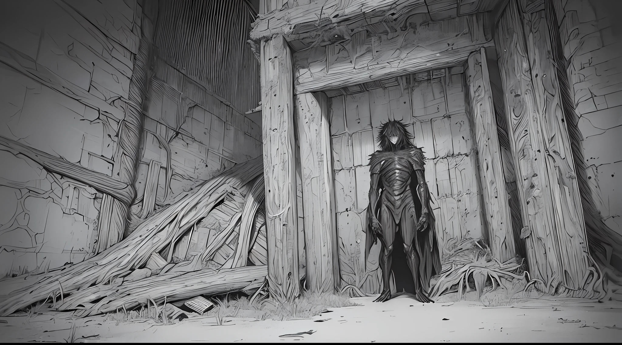 masterpiece, best quality, highres, ultra-detailed, dark night, horror, creepy ancient evil creature, abandoned mine, monochromatic (manga spread by kentaro miura, tsutomu nihei)