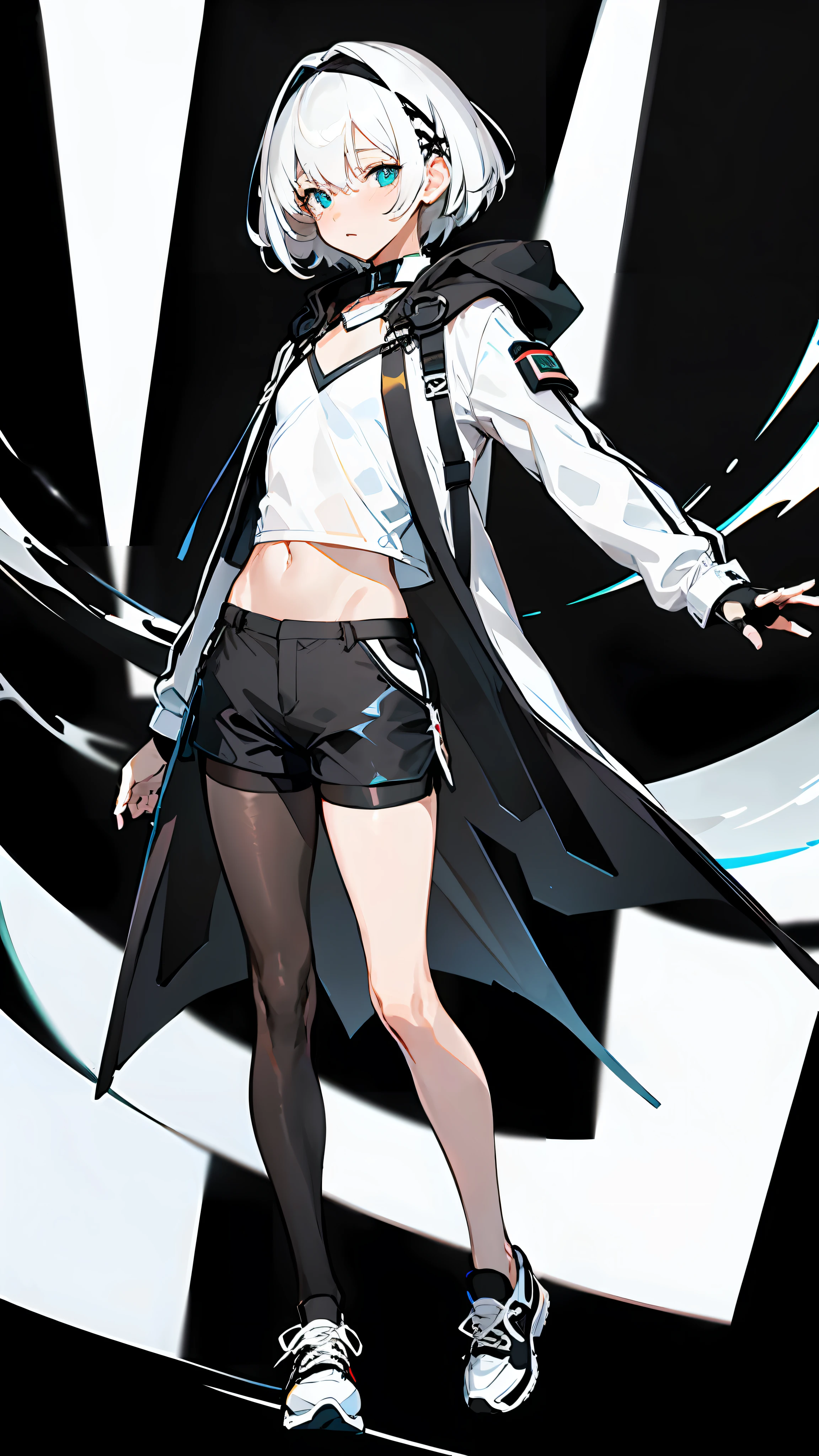 Masterpiece, Best quality, Solo,Boy, Pantyhose, White hair,Short hair, (White shirt:1.4),(Black shorts:1.5), blackfootwear, full bodyesbian, Black pantyhose, shirt, Shorts, Coat, Open coat, view the viewer, Hood, Sneakers, Open clothes, Black coat, (Flat chest:1.7), No breasts,Long sleeves, bangs, Fingerless gloves, Short hair, hair between eye,Black background